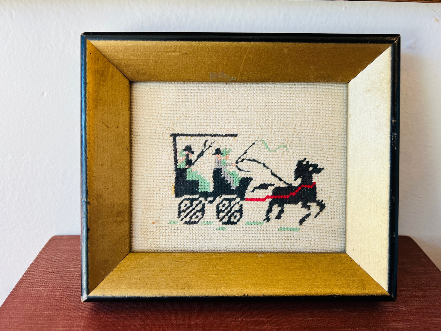 Vintage Cross Stitch Horse & Buggy Framed Art