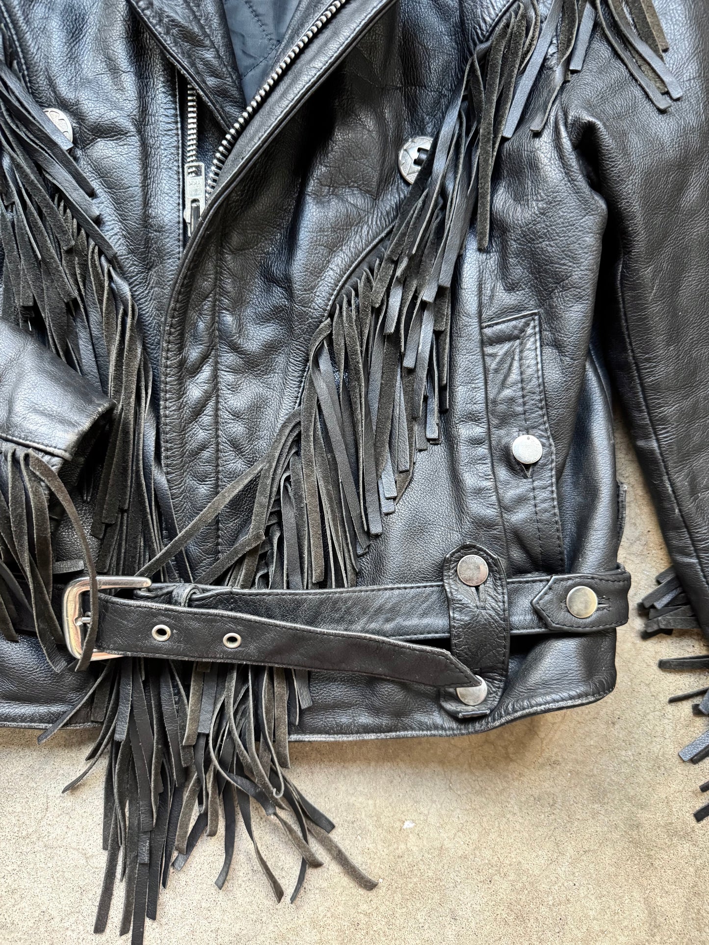 Vintage 1980s Open Road Black Leather Western Fringe Biker Jacket | 40