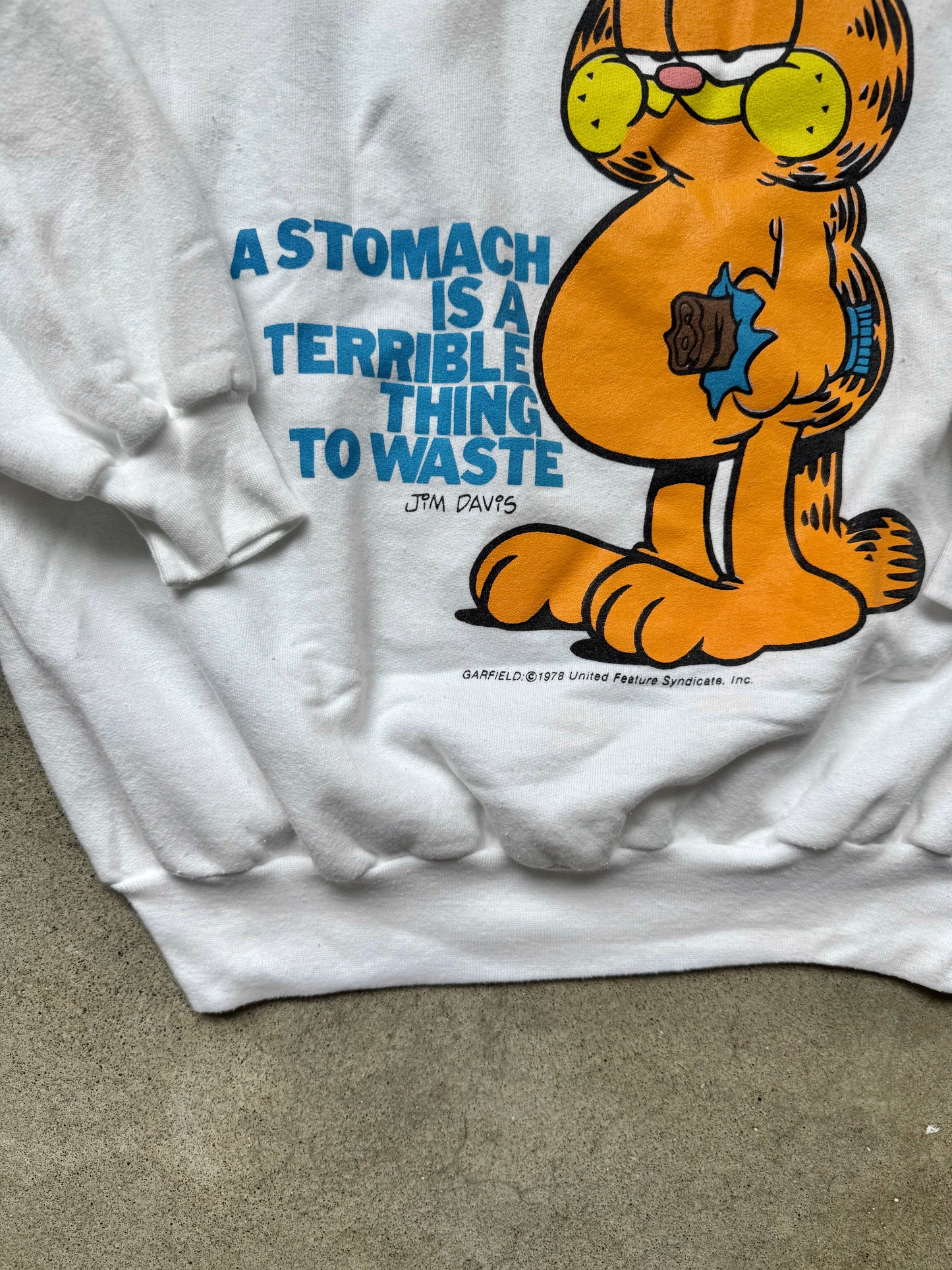 Vintage 1978 Garfield “A Stomach is a Terrible Thing to Waste” Graphic Sweatshirt | Large