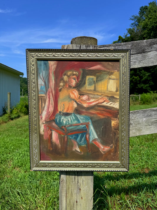 Framed & Signed Ruth Freeman "Girl Playing Piano" Oil On Canvas Painting
