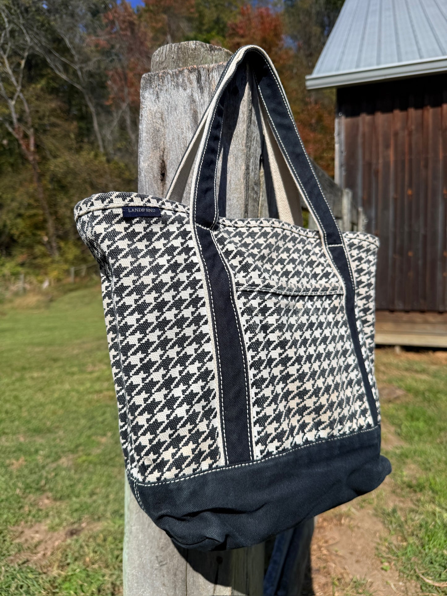 Lands' End Black & White Houndstooth Canvas Tote Bag