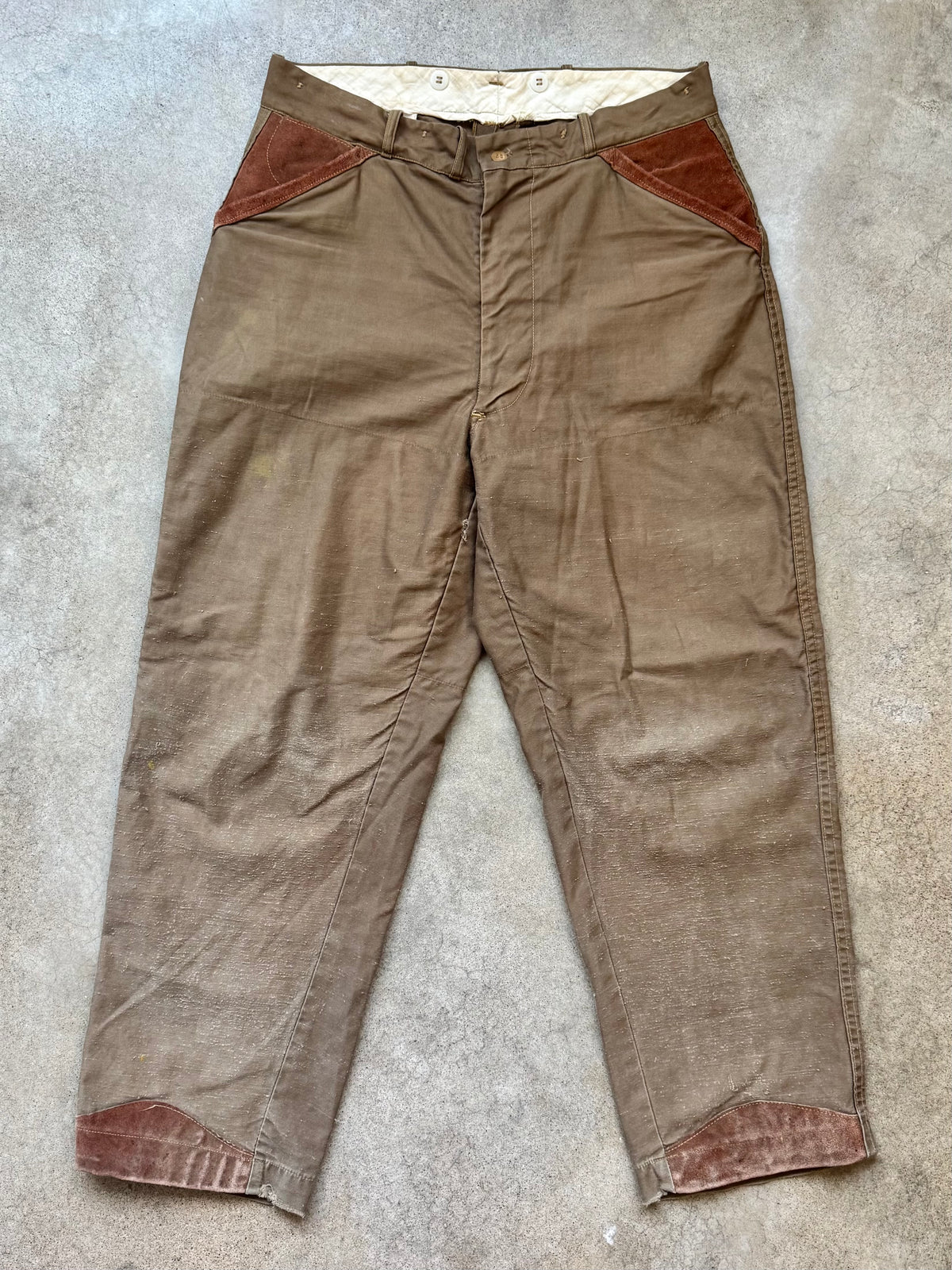 Vintage 1950s American Field Sportswear Brown Cotton Twill & Suede Leather Hunting Pants | Waist 36”