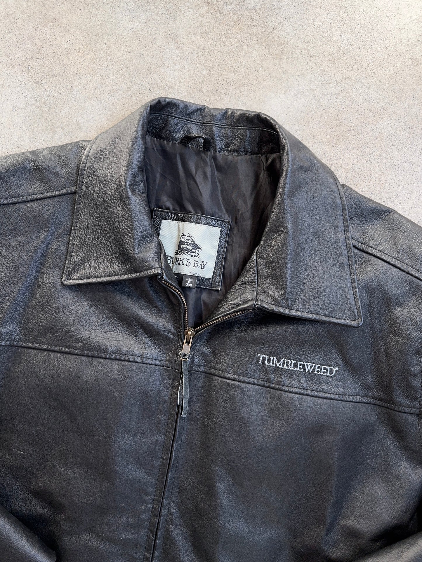 Vintage 1990s Burk’s Bay Tumbleweed Black Leather Zip-Up Jacket | XL