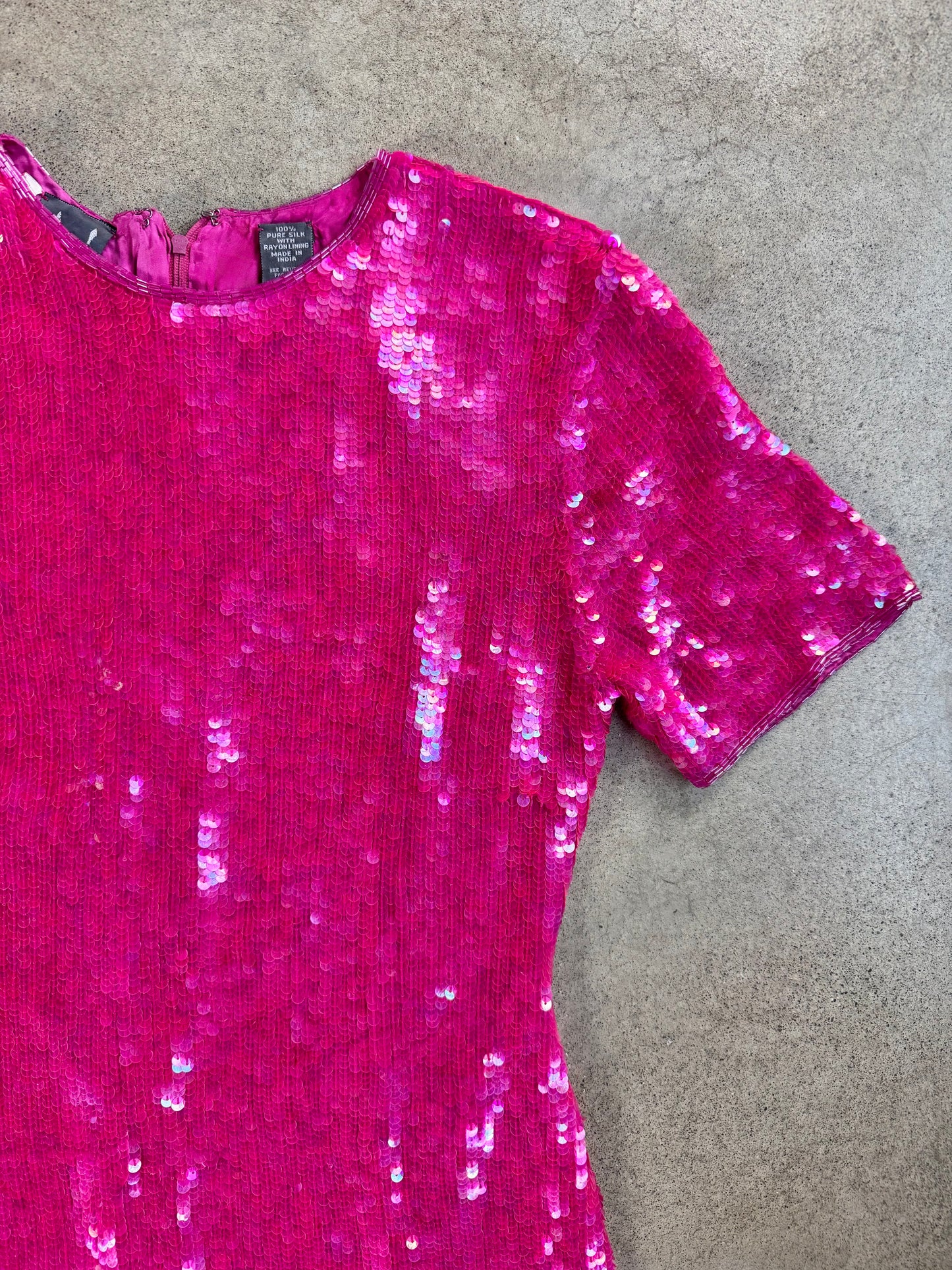 Vintage 1990s Modi Hot Pink Sequined 100% Silk Dress | Small