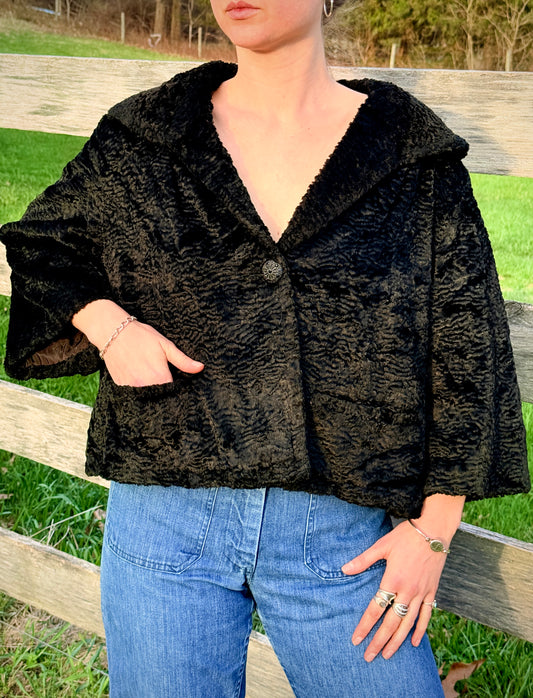 Vintage 1950s Black Persian Curly Wool Cropped Swing Jacket | Large