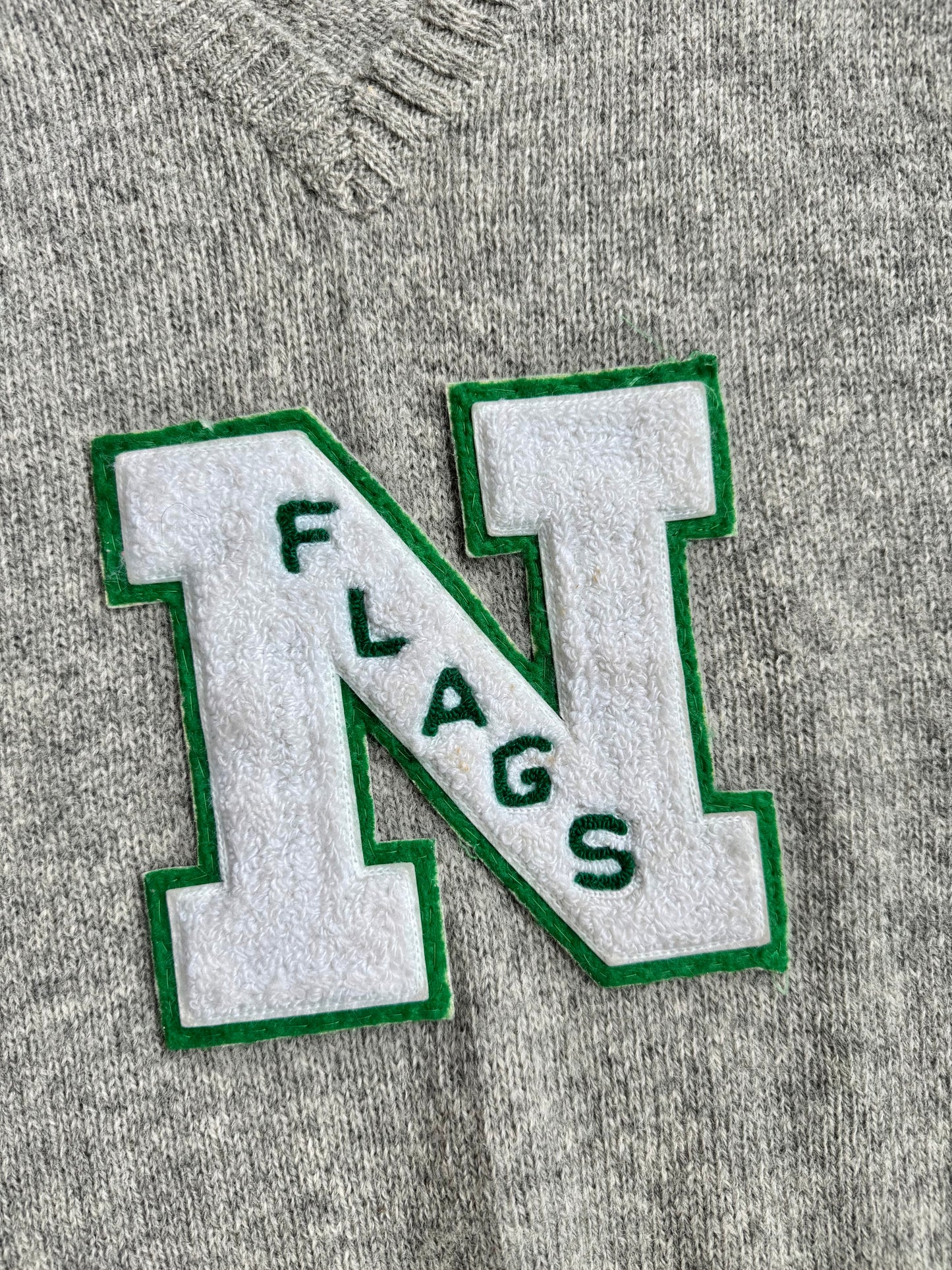Vintage 1960s Grey Wool "N Flags" Letterman Patch Sweater Vest | Large