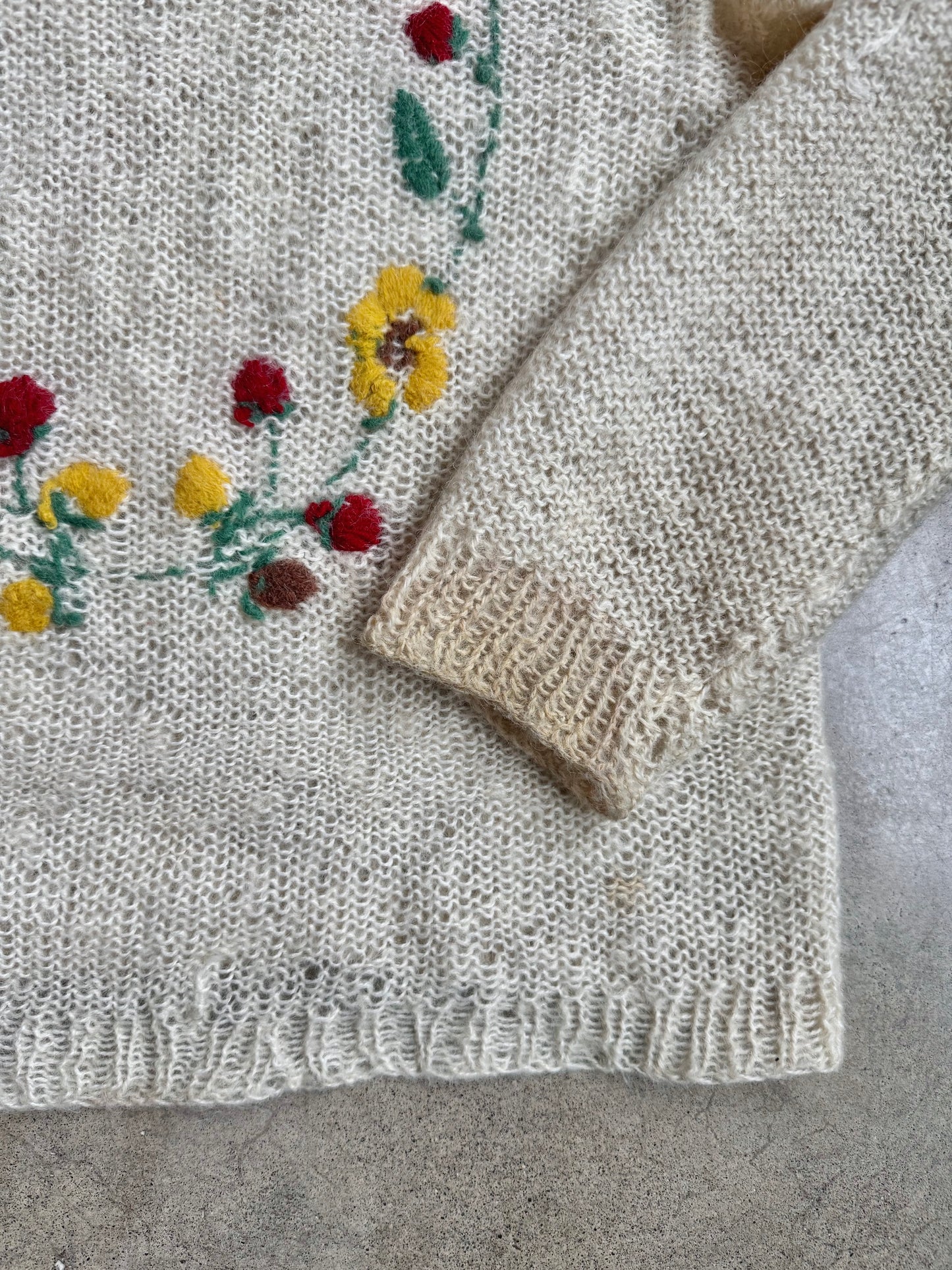 Vintage 1970s Hand-Knit Floral Embroidered Mohair-Blend Sweater | Large