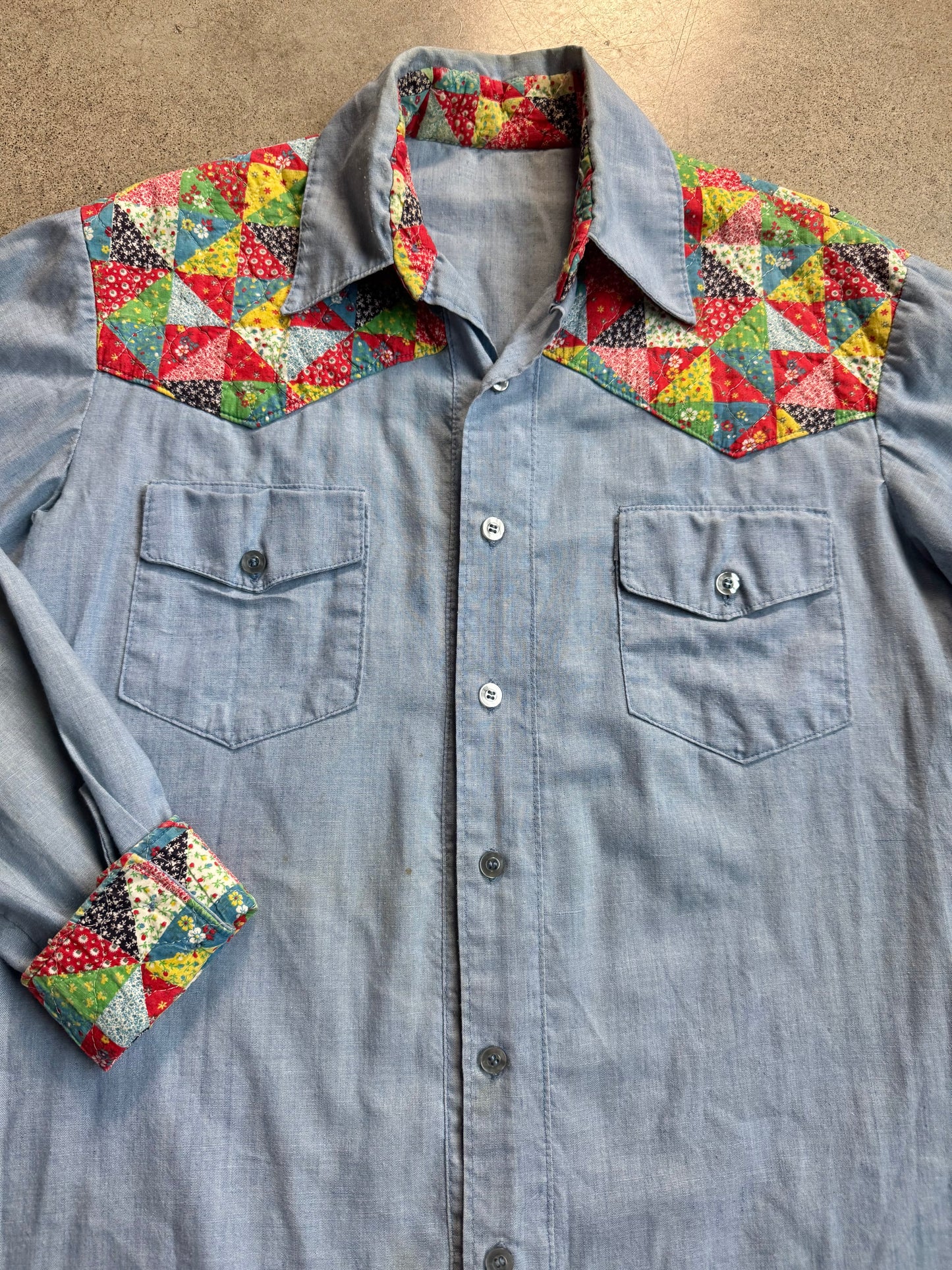 Vintage 1960s Handmade Quilted Patchwork Chambray Button-Up Shirt | Medium
