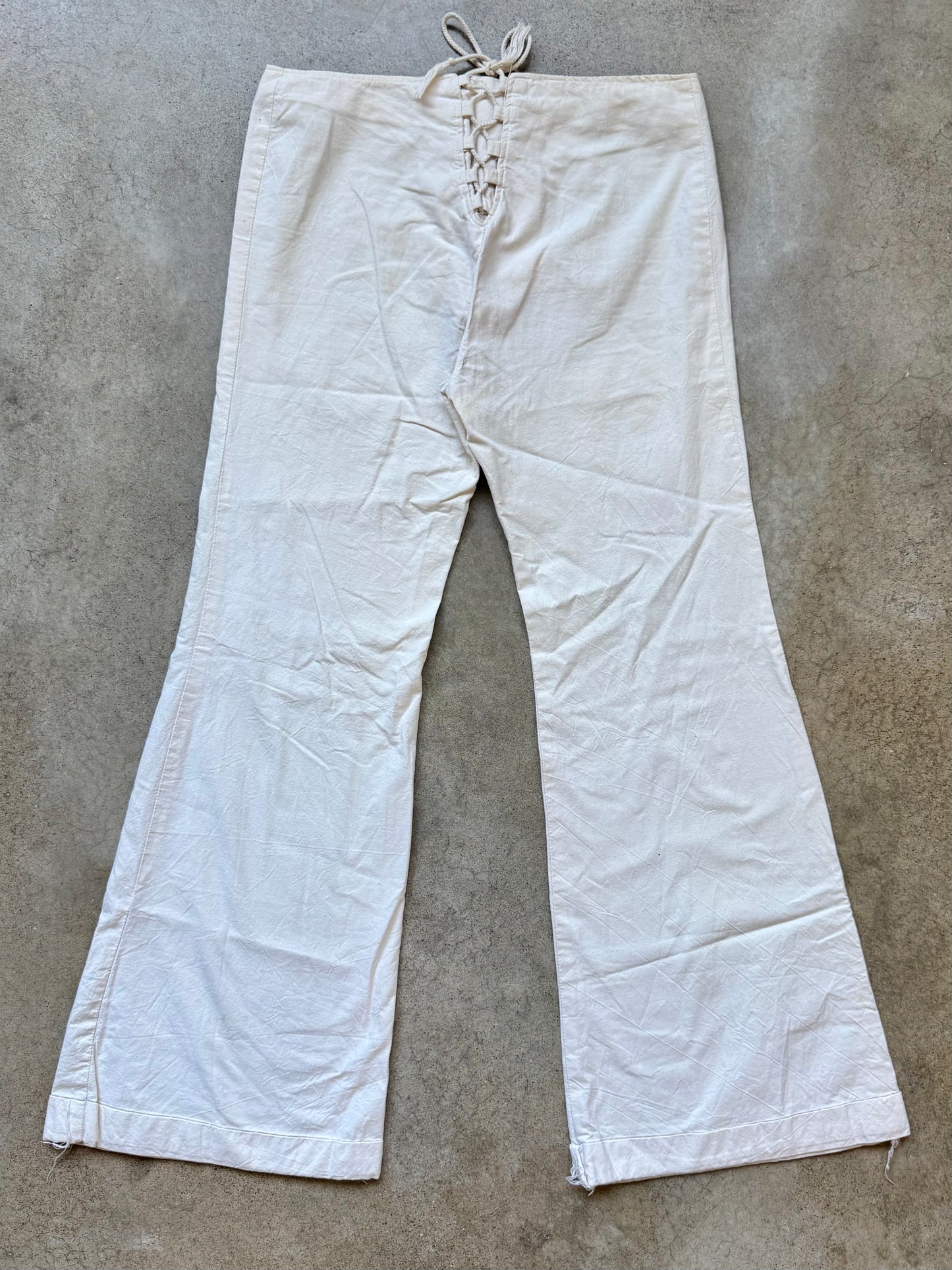 Vintage 1970s Philippe Salvet French Cotton Lace-Up Bell Bottom Pants | S/M