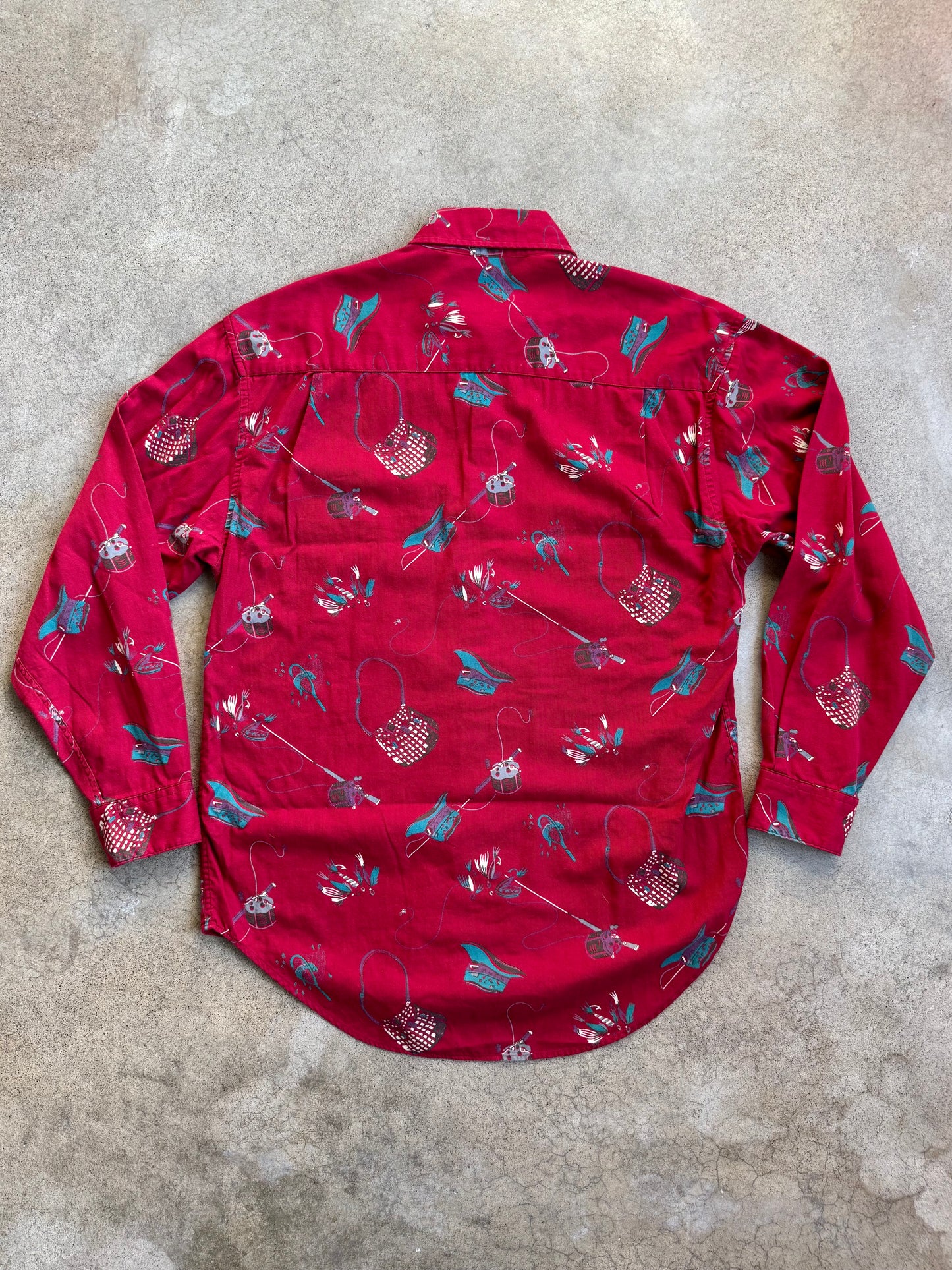 Vintage 1990s GAP Red Fishing Print Cotton Button-Down Shirt | Medium