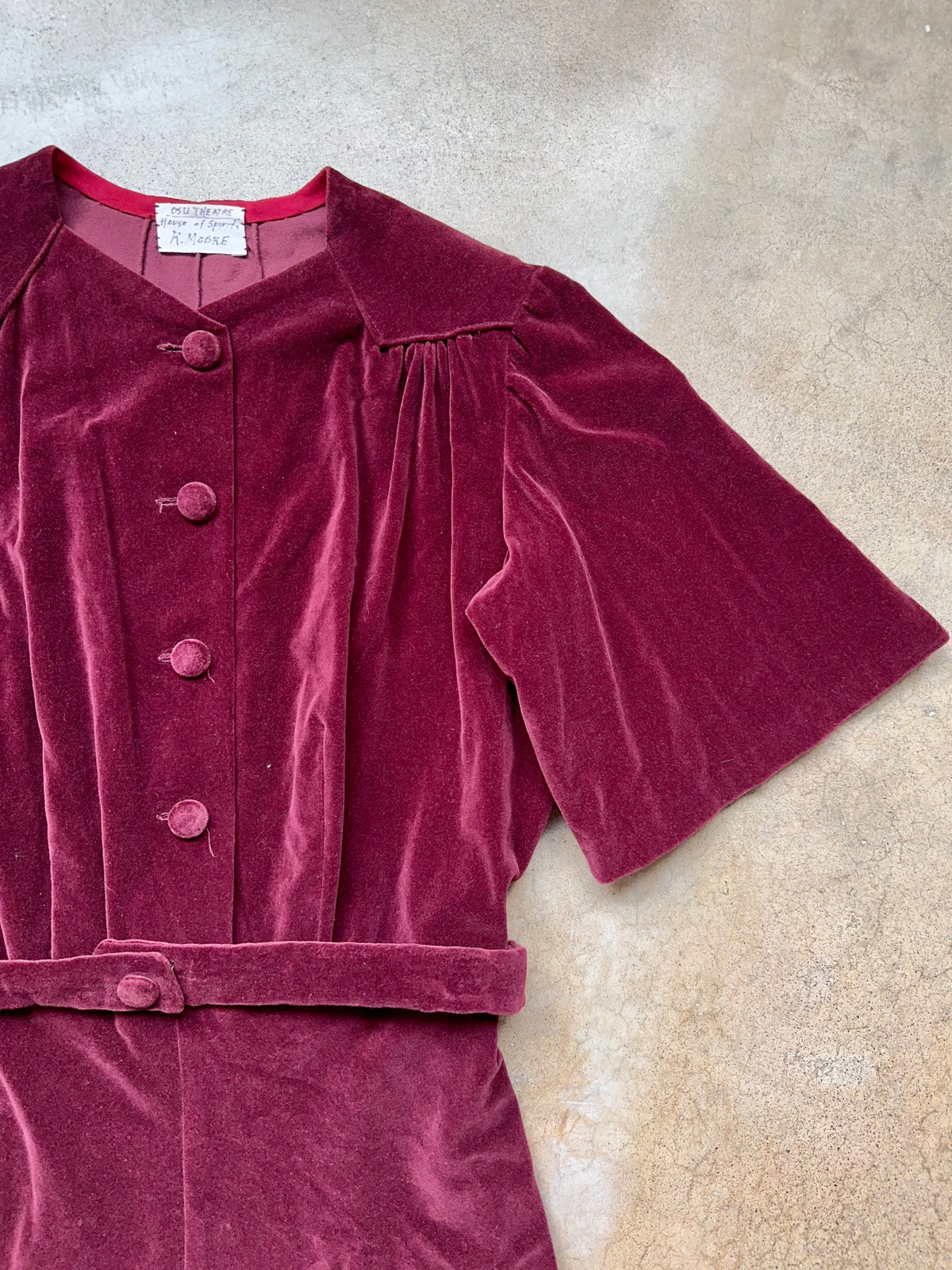 Vintage 1940s Handmade Ohio State Theatre Dept. Burgundy Velvet Belted Button-Front Dress | Medium