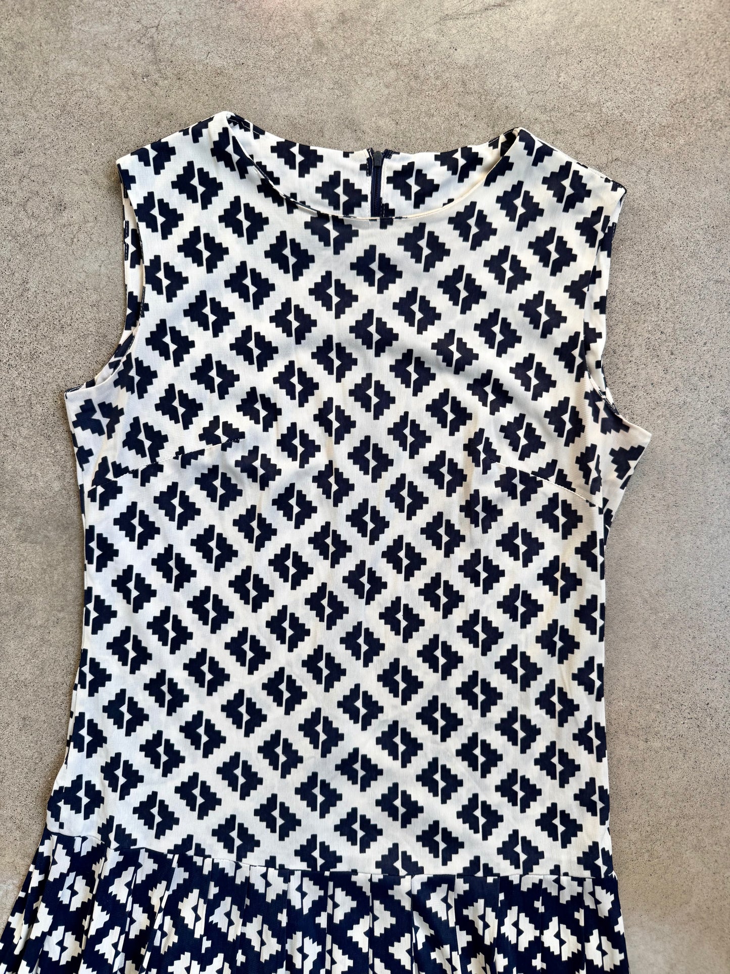 Vintage 1960s Andrea Gayle Blue & White Geometric Pattern Drop Waist Dress | S/M