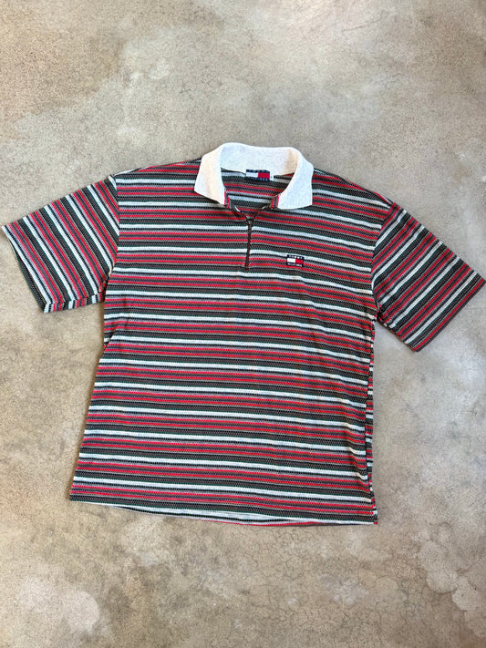Vintage 1990s Tommy Hilfiger Striped Quarter Zip Polo Shirt | XL