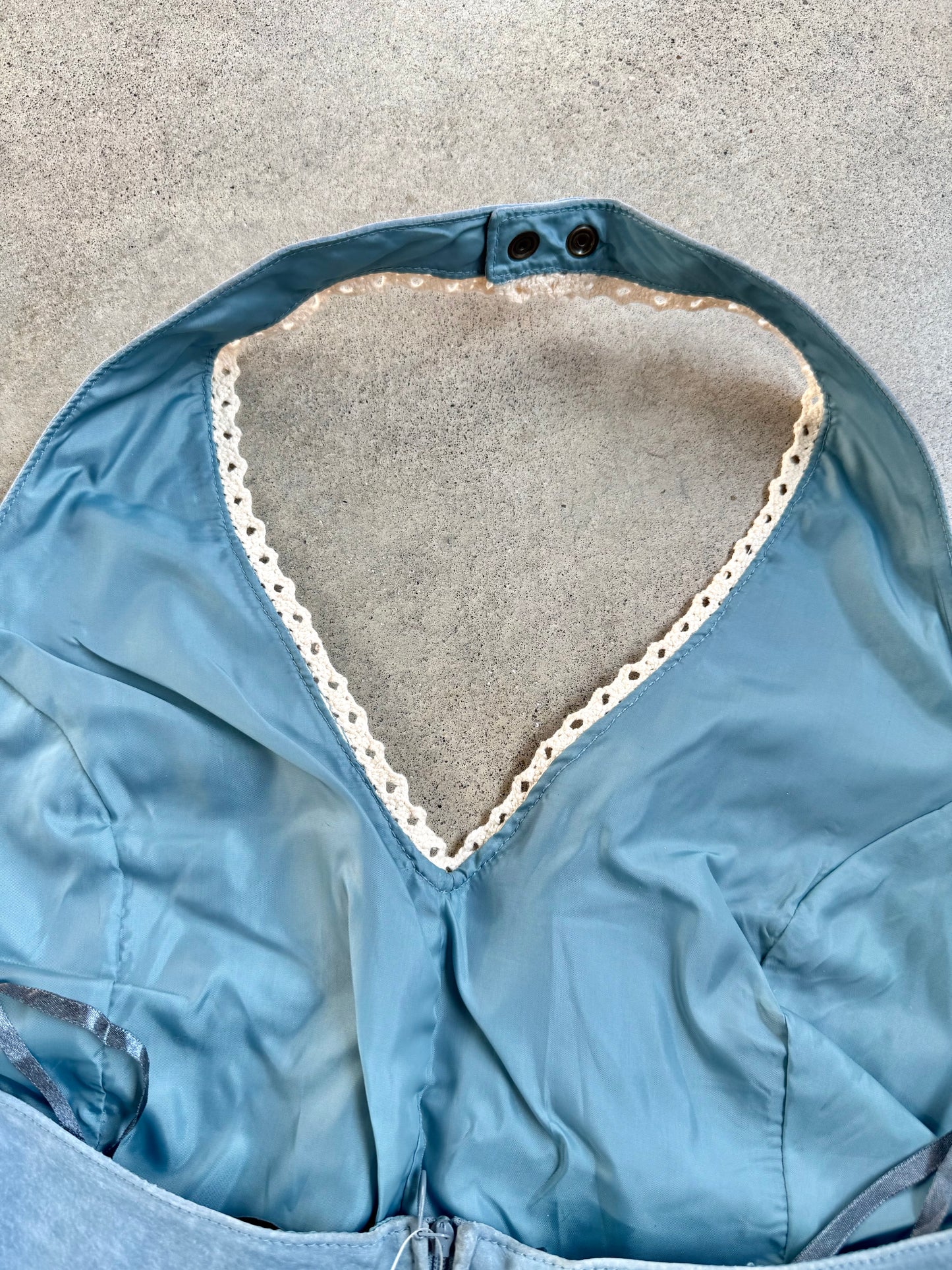Vintage 1990s Wilsons Leather Blue Suede Crochet Trim Halter Top | Large