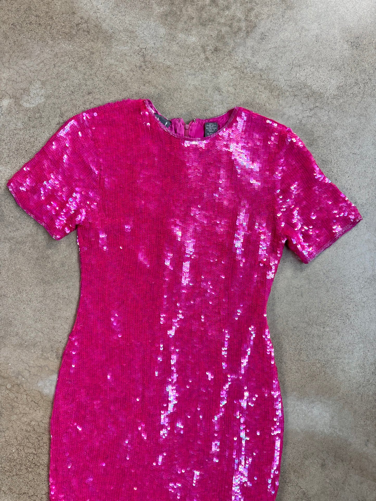 Vintage 1990s Modi Hot Pink Sequined 100% Silk Dress | Small