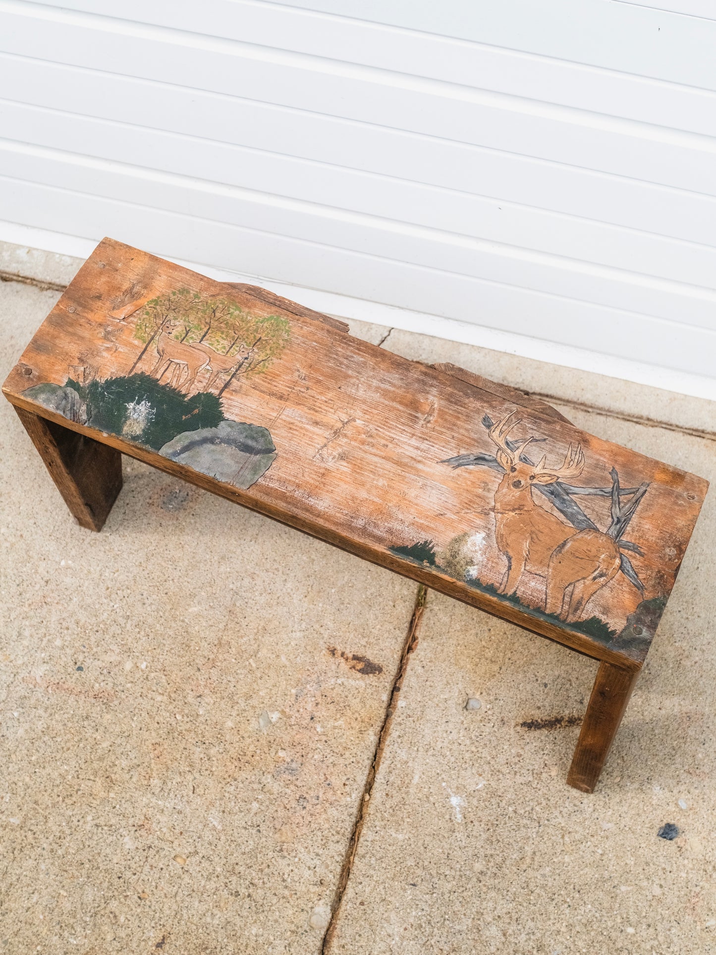 Vintage 1980s Folk Art “Deer in Woods” Painted Wood Bench
