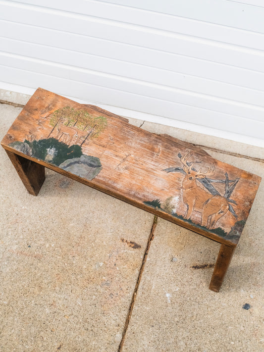 Vintage 1980s Folk Art “Deer in Woods” Painted Wood Bench