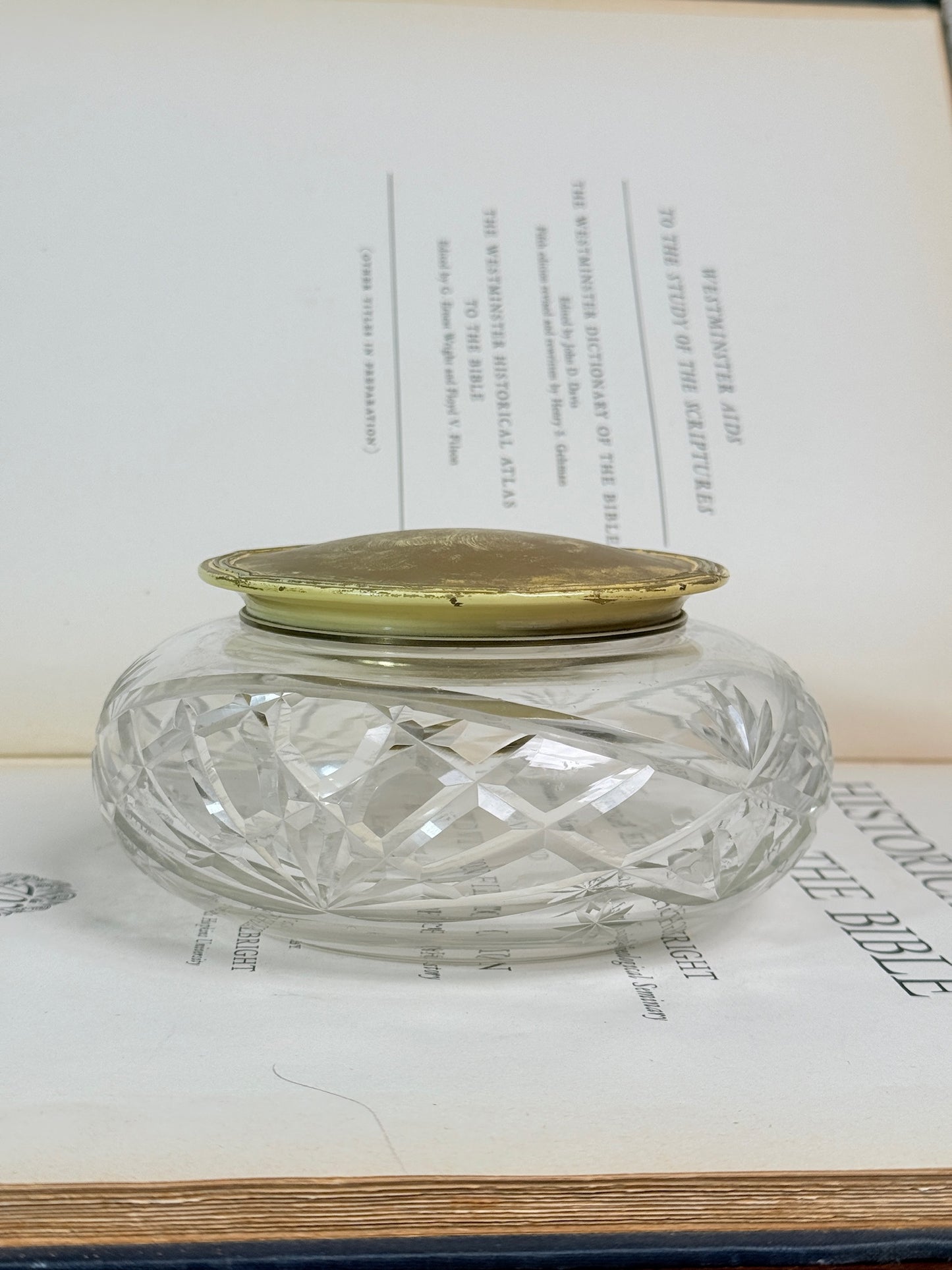 Antique 1920s Cut Crystal & Brass Lid Vanity Jar