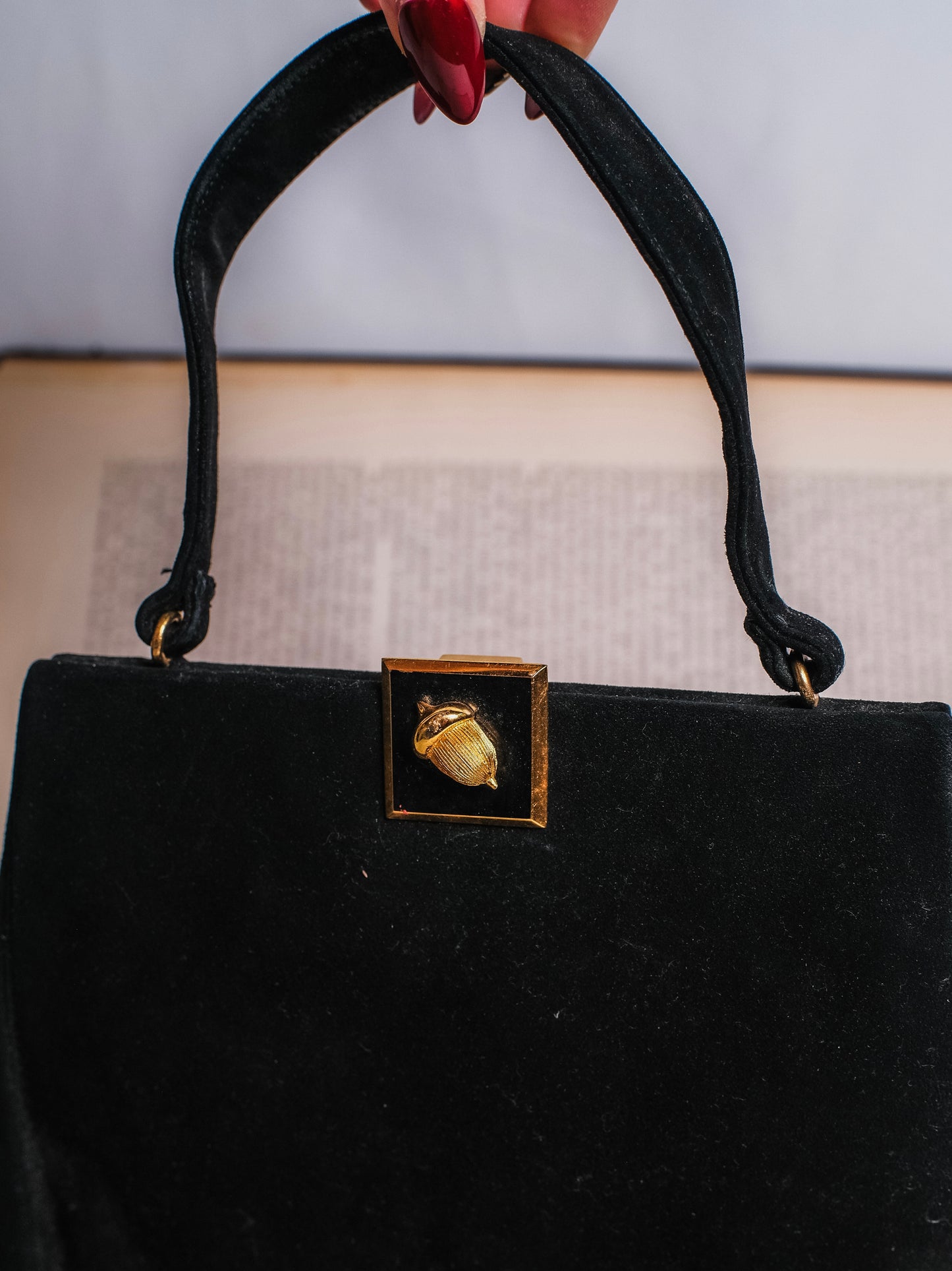 Vintage 1940s Koret Black “Koretolope” Kid Suede Gold Acorn Handbag