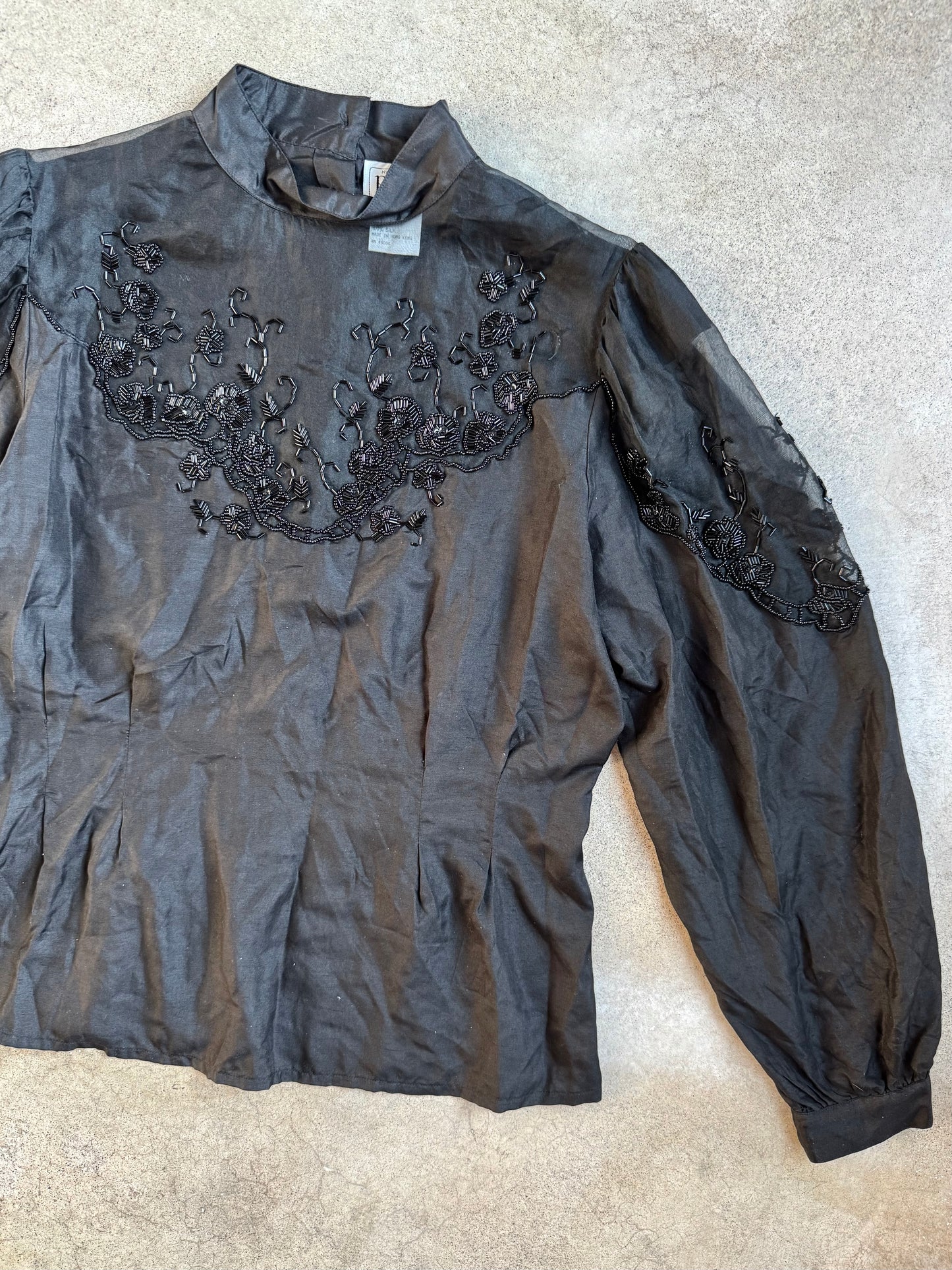 Vintage 1980s Nancy Johnson for Prisma Black Beaded 100% Silk Blouse | Medium