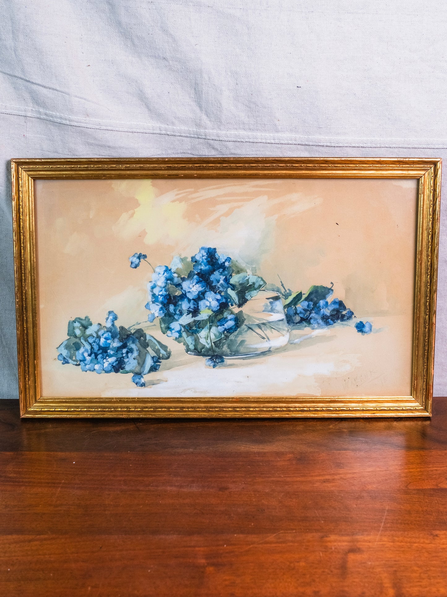 Antique 1898 Framed Blue Hydrangeas Watercolor Artwork | Signed