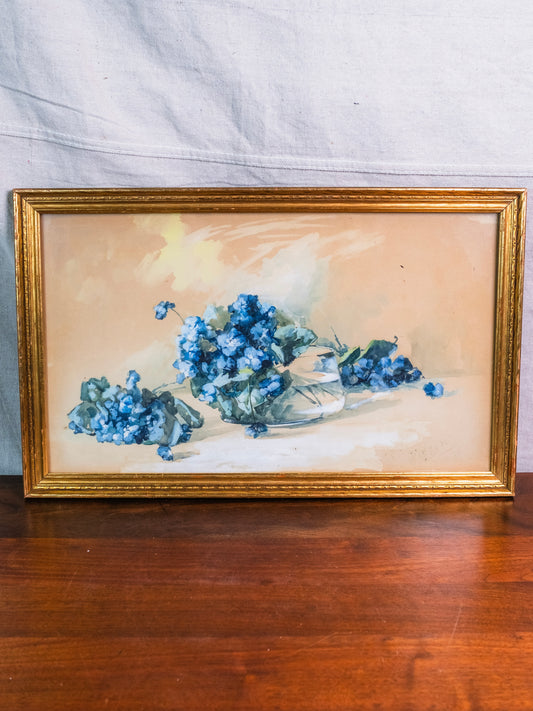 Antique 1898 Framed Blue Hydrangeas Watercolor Artwork | Signed