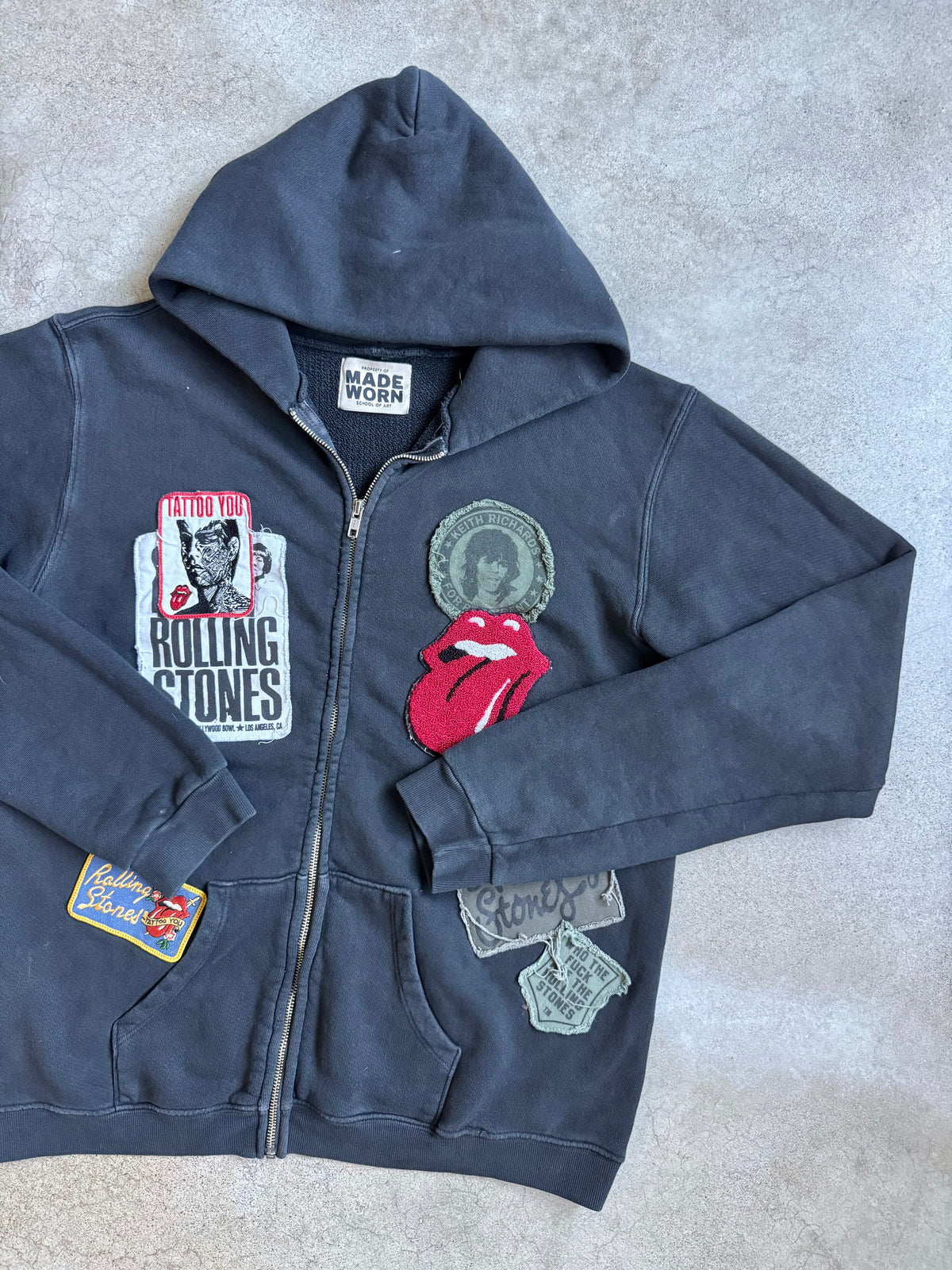 Made Worn Rolling Stones Patched Black Cotton Zip-Up Hoodie | Medium
