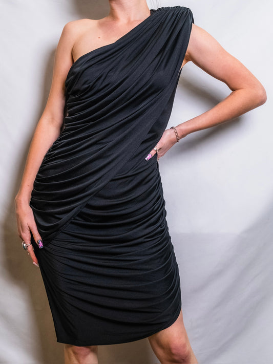 Vintage 1980s Climax Karen Okada for David Howard One-Shoulder Ruched Formal Dress | Medium