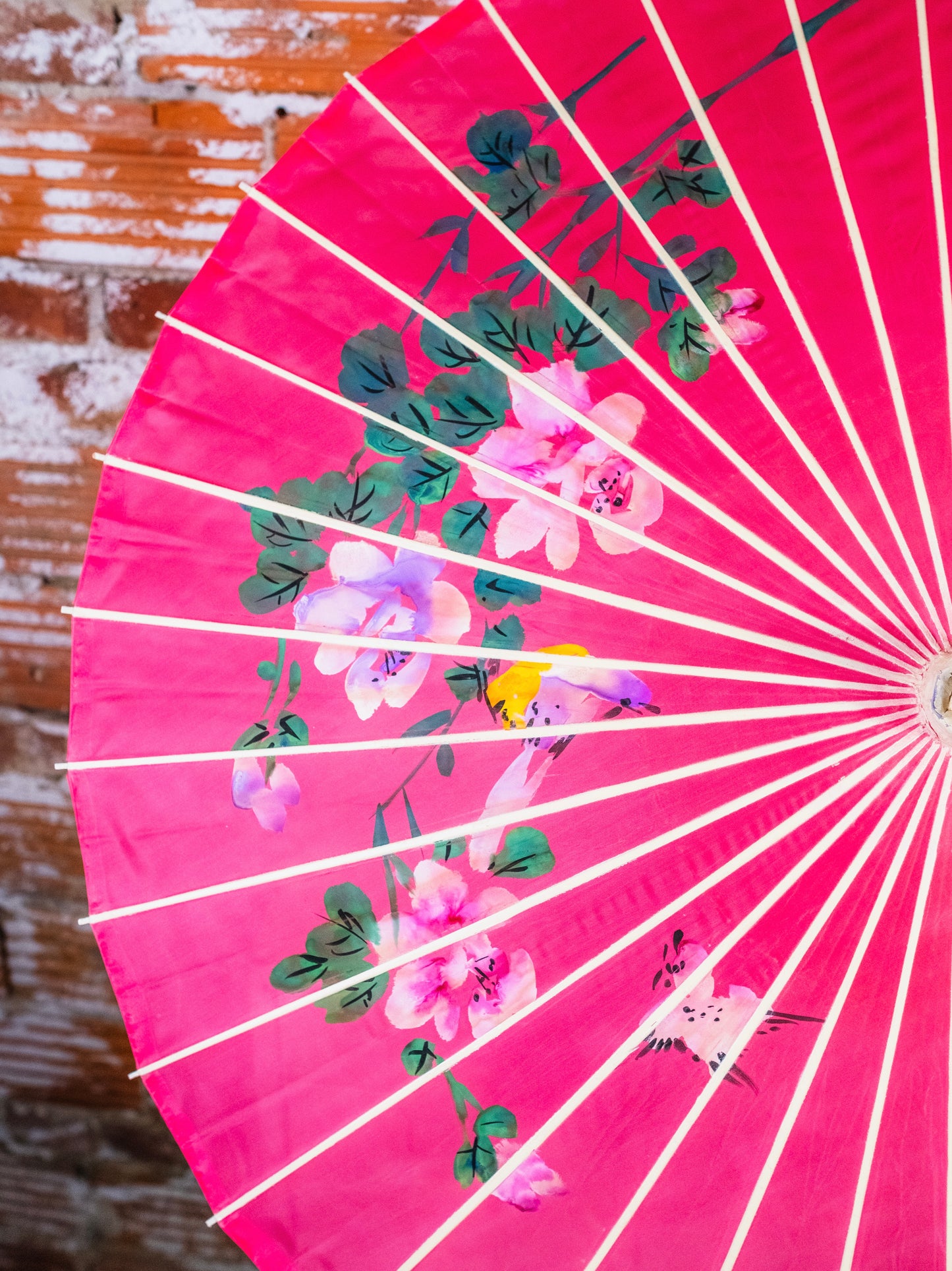 Vintage Asian Bamboo Pink Floral Hand-Painted Parasol