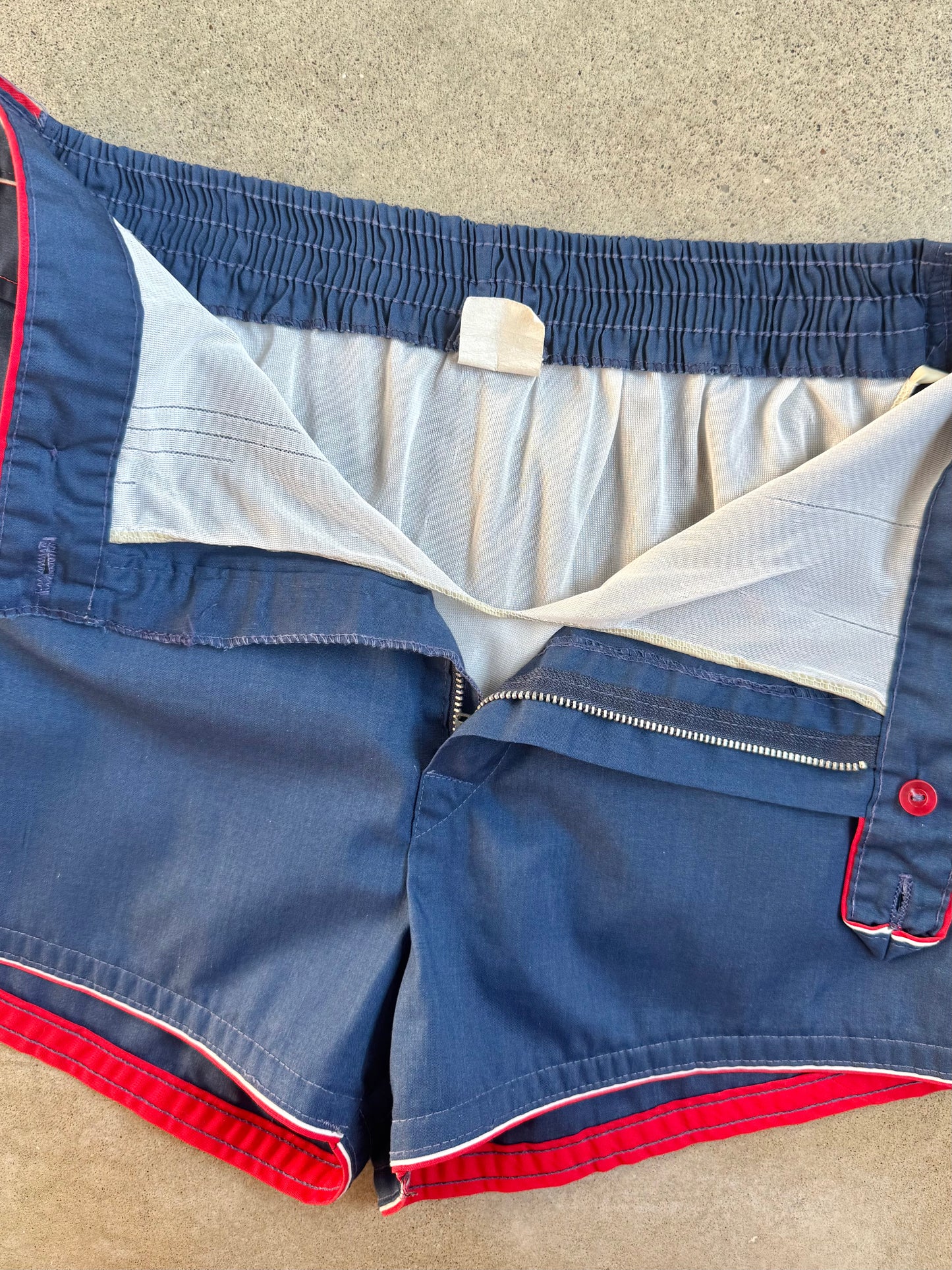 Vintage 1960s Navy Blue & Red Swim Shorts | Large