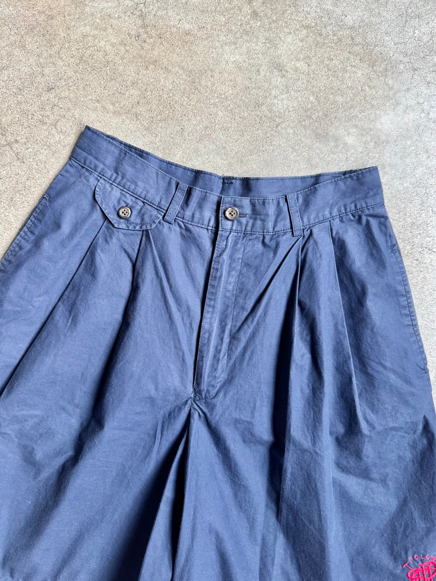 Vintage 1980s/90s Ralph Lauren Navy Cotton Pleated Shorts | Waist 28”