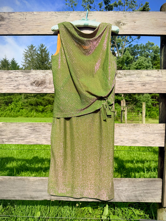 Vintage 1960s Young Eleganté Green & Pink Metallic Mod Cocktail Dress | M/L