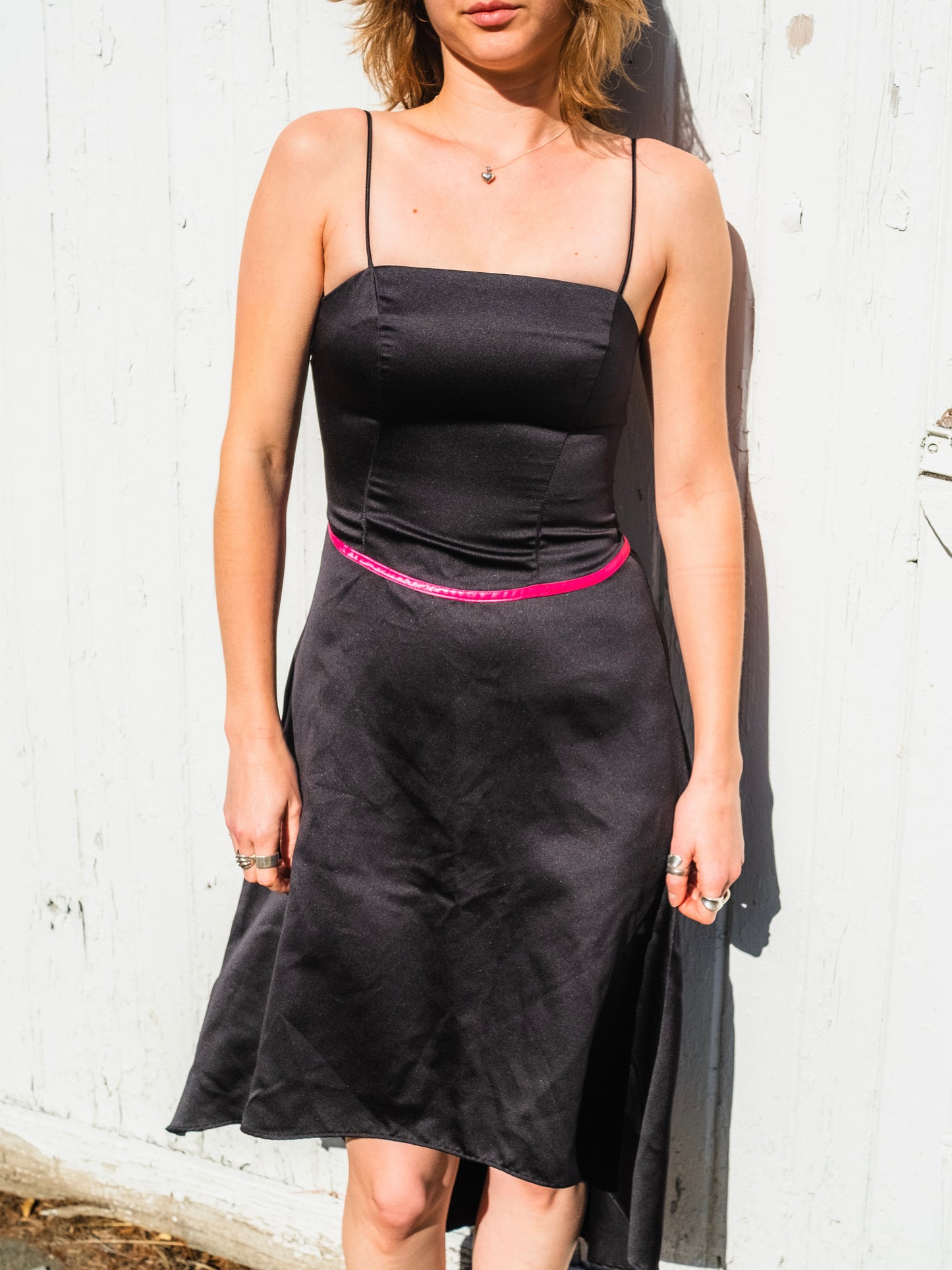 Vintage 1990s City Triangles Black & Pink Satin Asymmetric Party Dress | XS