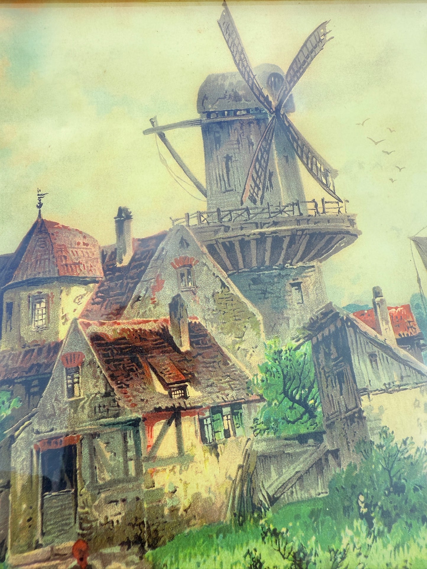 Vintage 1950s Framed Dutch Windmill Landscape Print Art