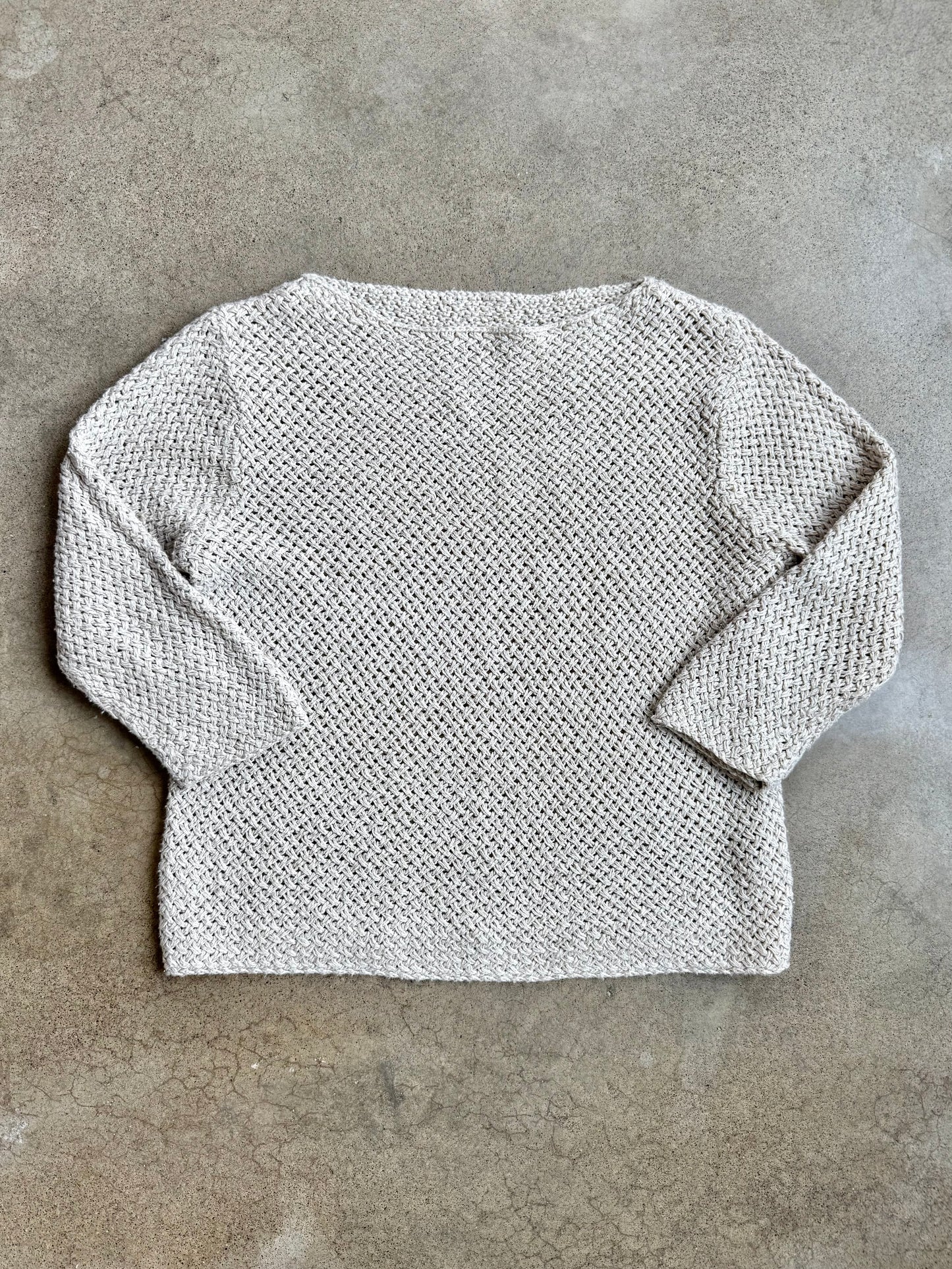 Vintage 1980s Beige Diagonal Basketweave Cotton Boatneck Sweater | S/M