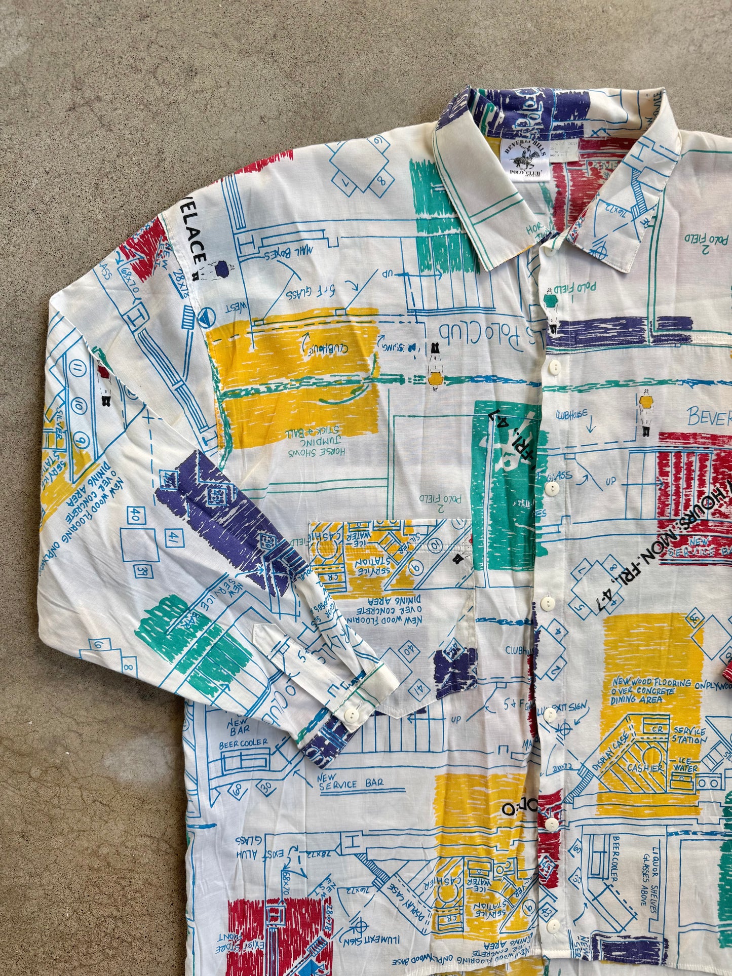 Vintage 1980s Beverly Hills Polo Club Retro Blueprint Collared Shirt | Medium