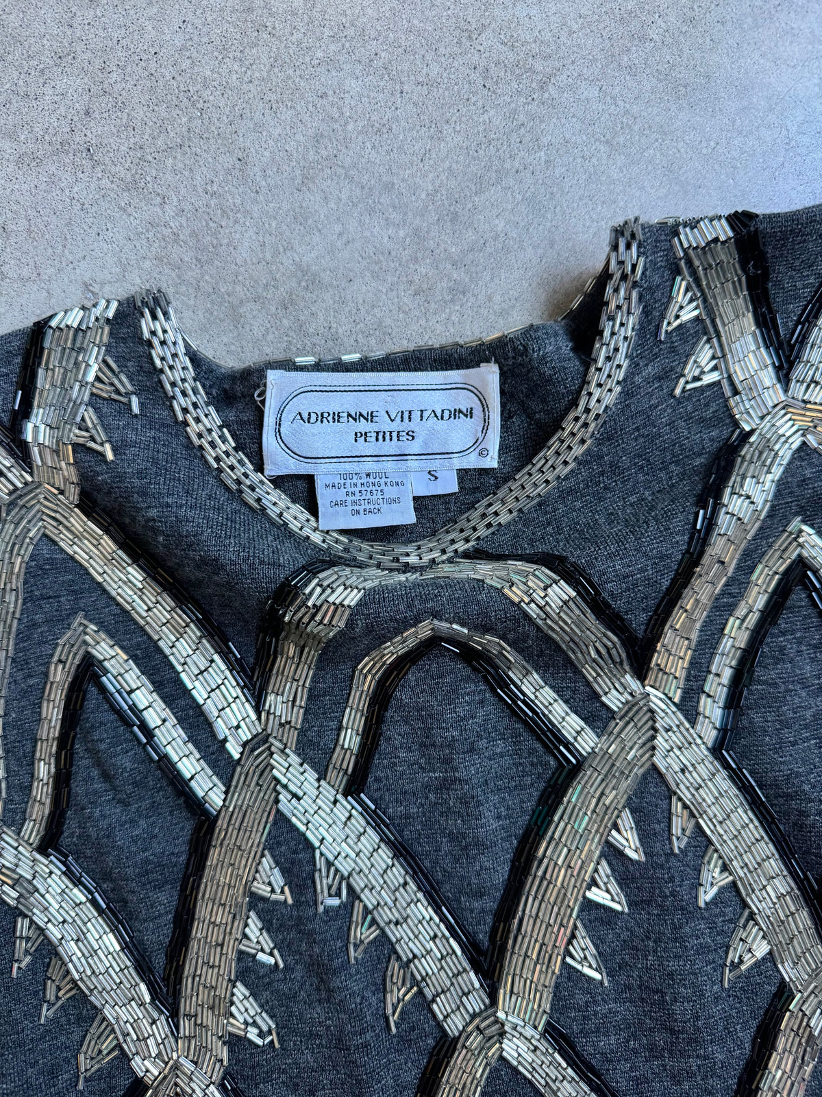 Vintage 1980s Adrienne Vittadini Silver Art Deco Beaded Wool Knit Top | Small