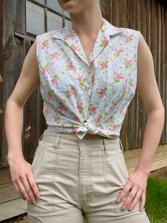 Vintage 1960s Kmart Pink Floral Sleeveless Blouse | S/M
