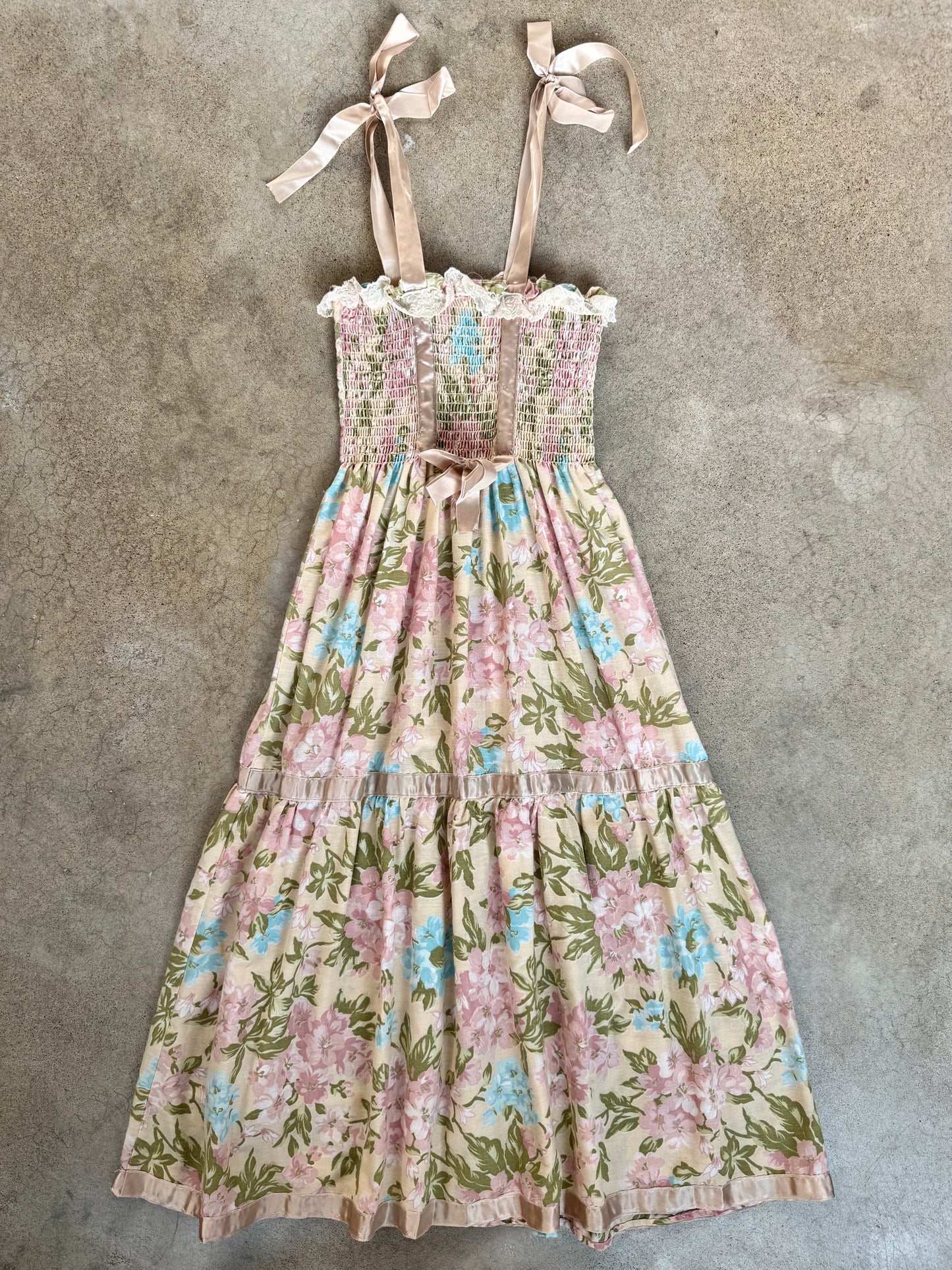 Vintage Pastel Floral Smocked Ribbon Strap Summer Dress | XS