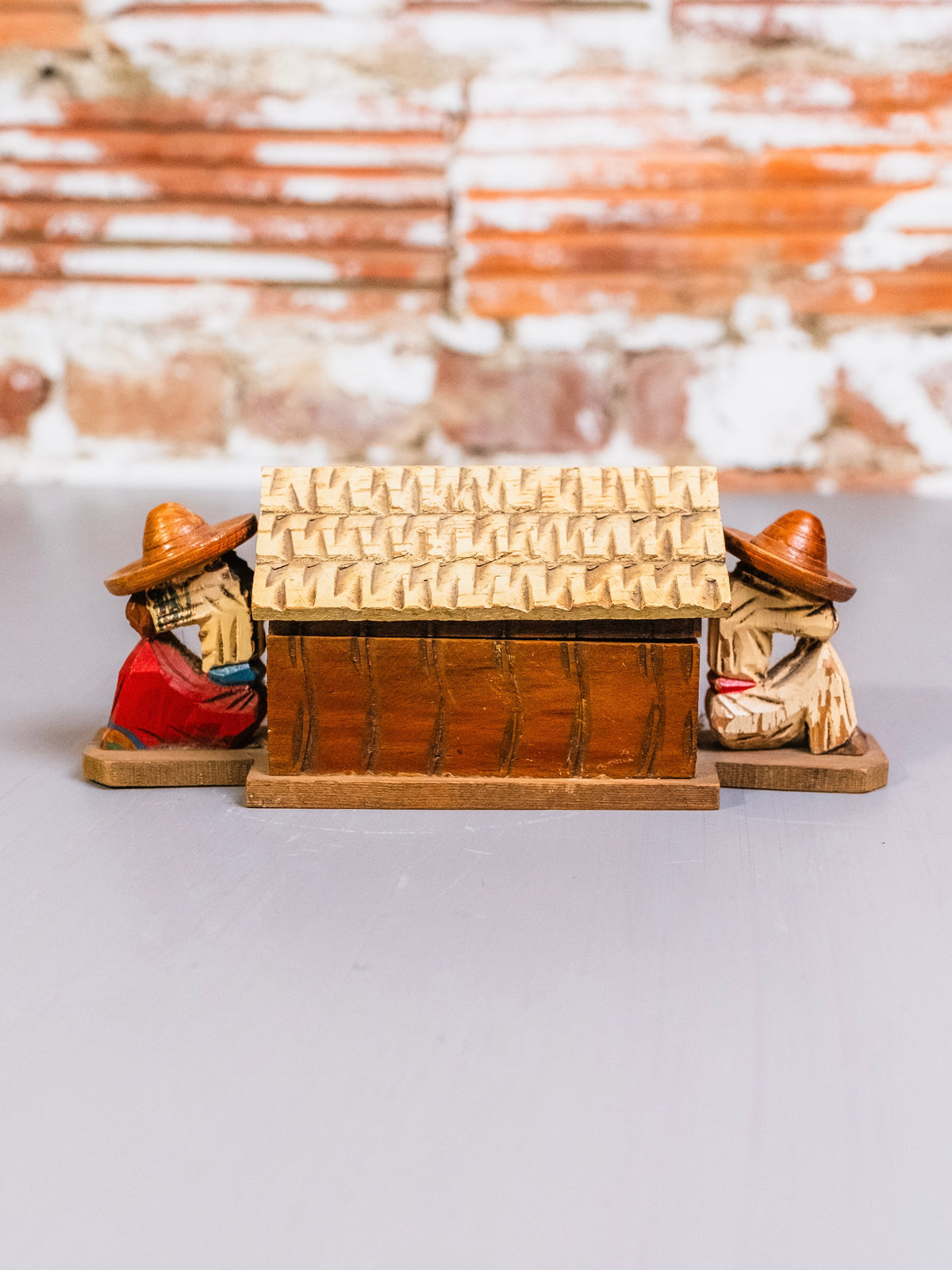 Vintage 1960s Wood Carved House & Sleeping Couple Trinket Box