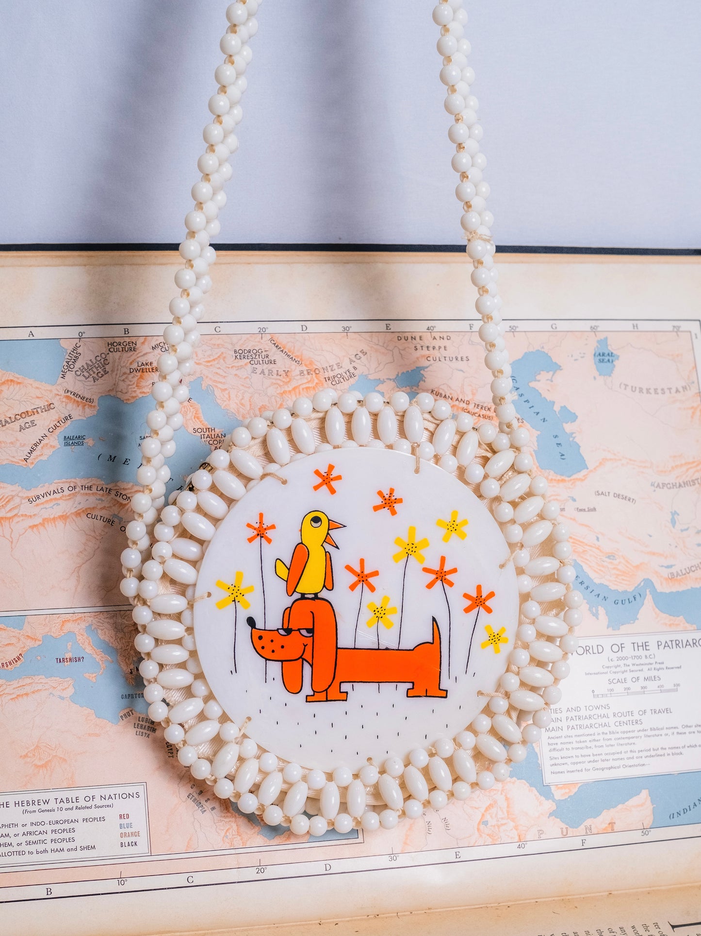 Vintage 1950s White "Dog & Bird" Beaded Purse