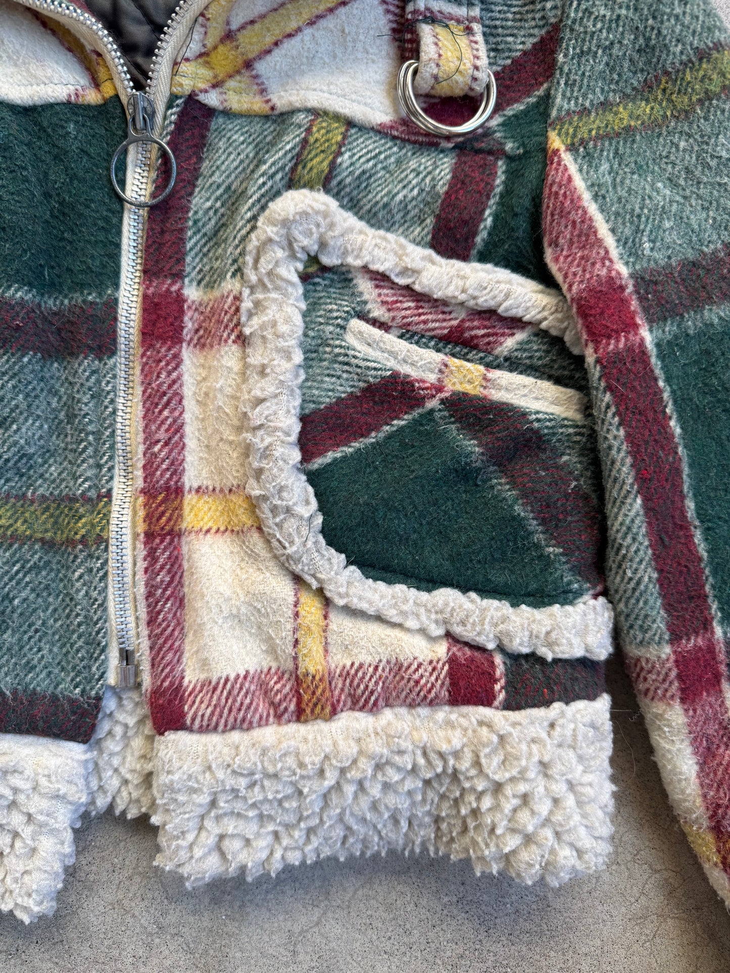 Vintage 1970s Green & Red Plaid Sherpa Lined Cropped Jacket | XS