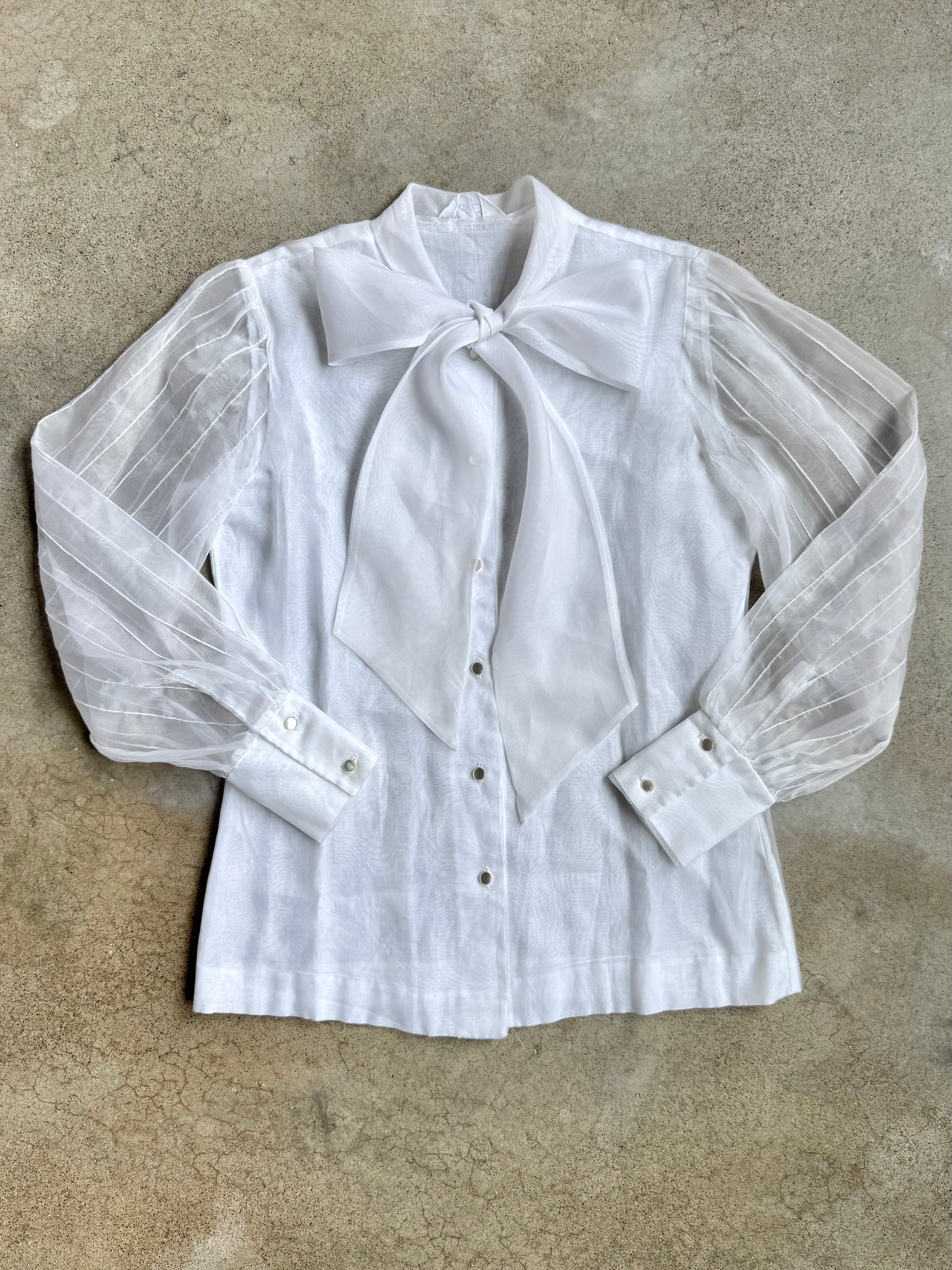 Vintage 1960s Judy Bond White Pussy-Bow Sheer Sleeve Blouse | S/M