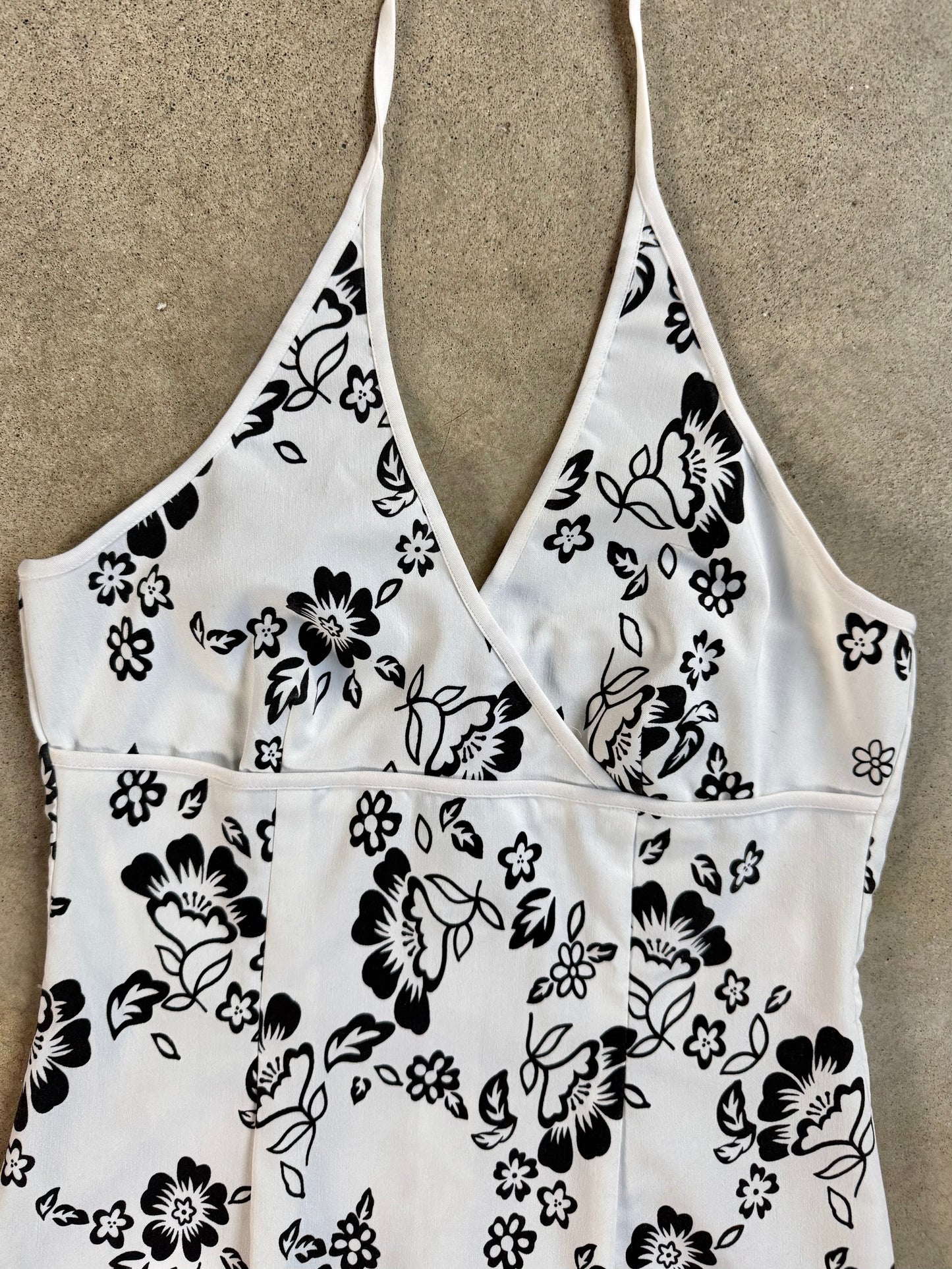 Vintage 1990s City Triangles Black & White Floral Halter Dress | S/M