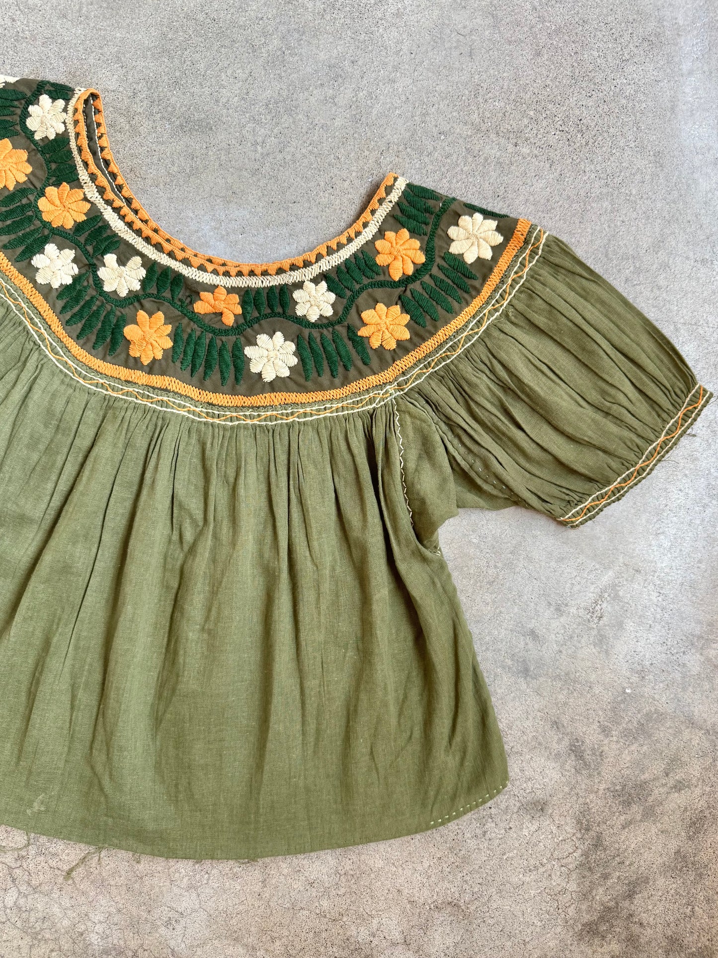 Vintage 1970s Green & Orange Floral Embroidered Peasant Blouse | S/M