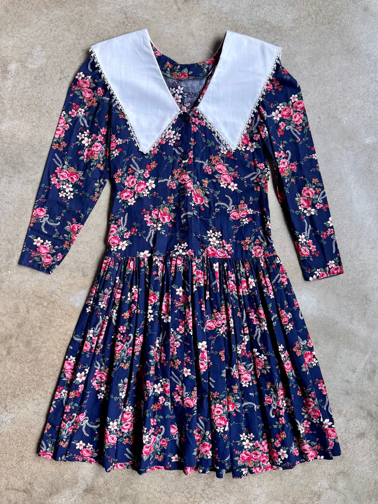 Vintage 1970s/80s Navy Floral Drop Waist Collared Dress | XS/S