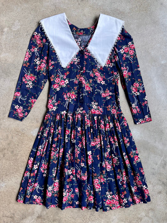Vintage 1970s/80s Navy Floral Drop Waist Collared Dress | XS/S