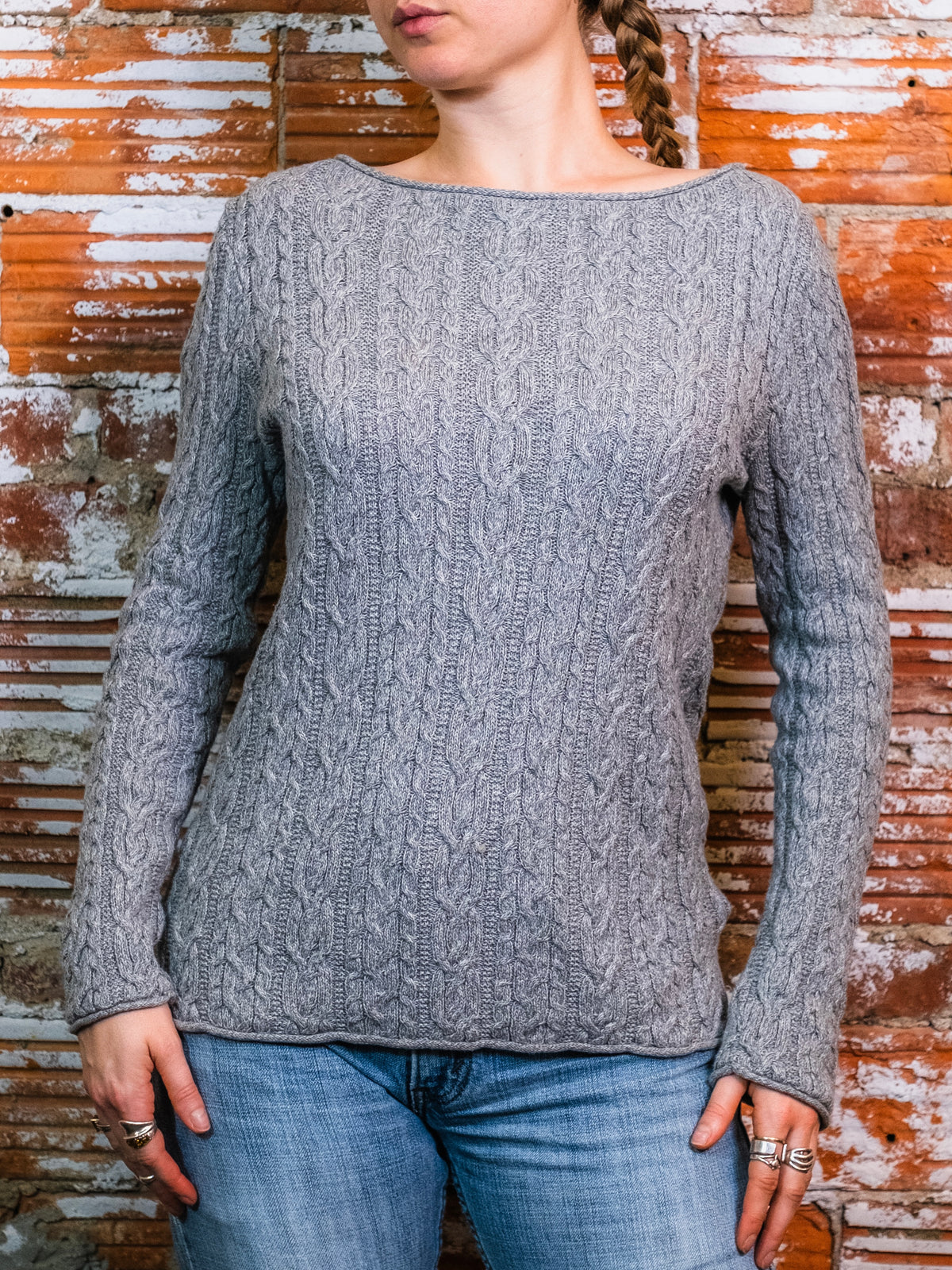 Vintage Lauren Ralph Lauren Grey Cable-Knit Boat Neck Sweater | Large