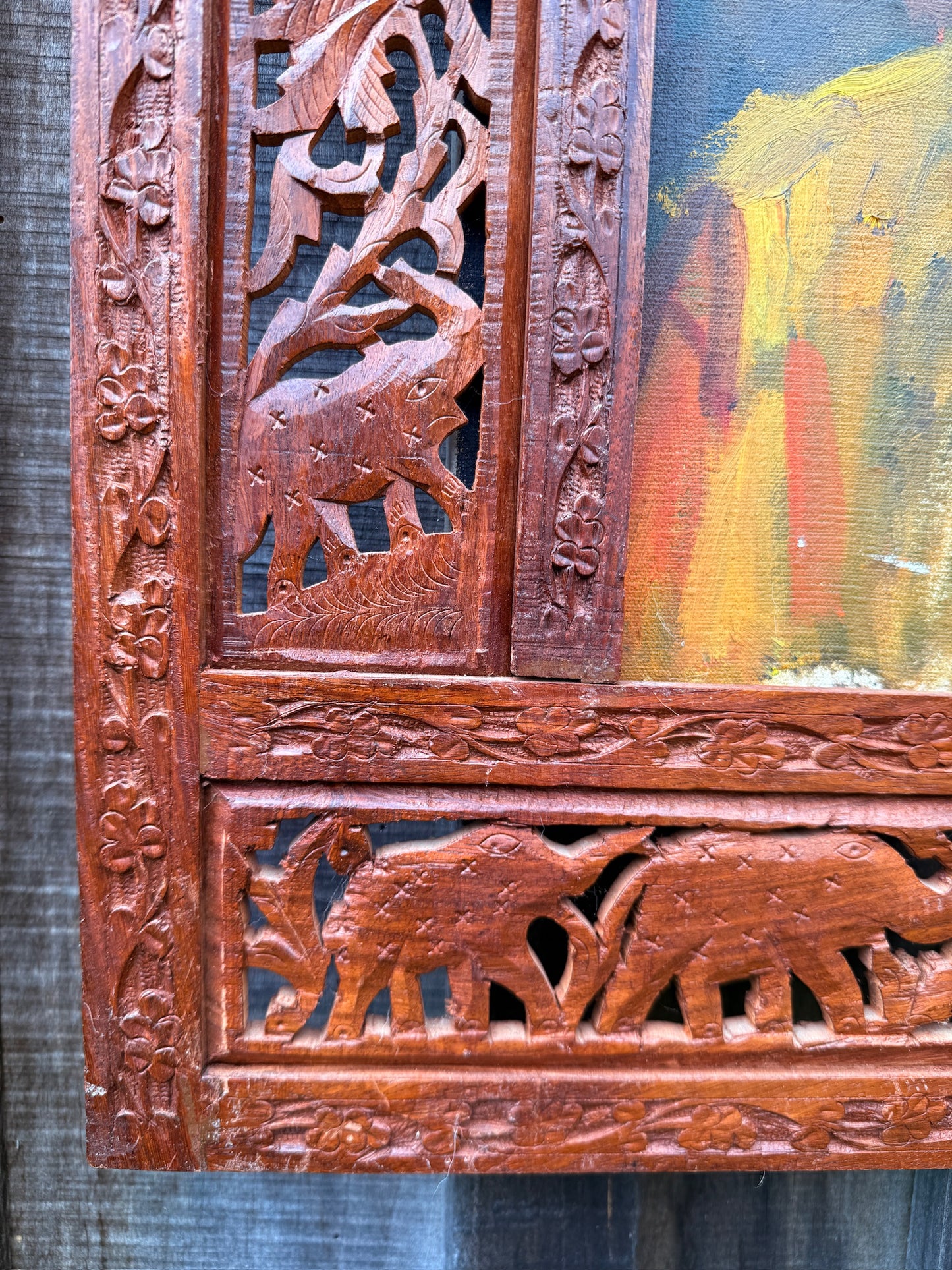 Vintage 1940s Carved Teakwood Elephant Frame "Village Girl" Oil on Canvas Painting