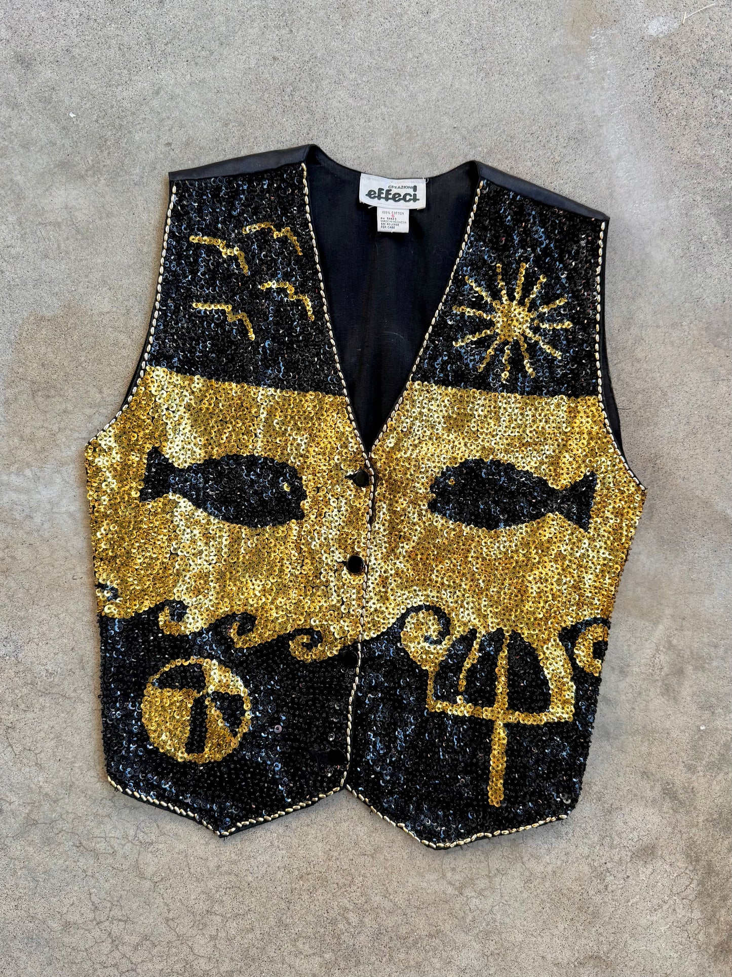 Vintage 1980s Creazioni Effeci Black & Gold Sequin Fish Vest | Small